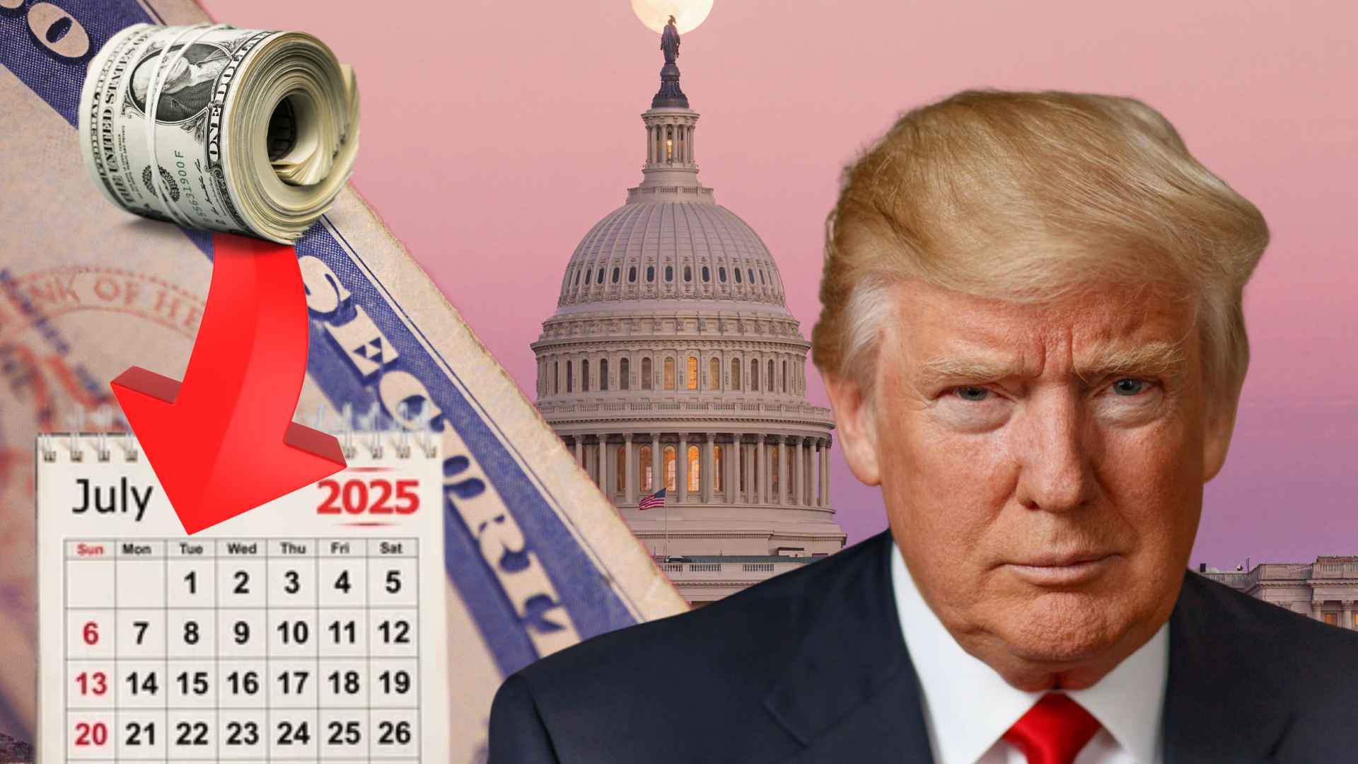 Rolled dollar bills and red arrow spotlight July 1 2025 on a calendar, illustrating the $967 SSI payment date, with the U.S. Capitol dome and Donald Trump in the background.