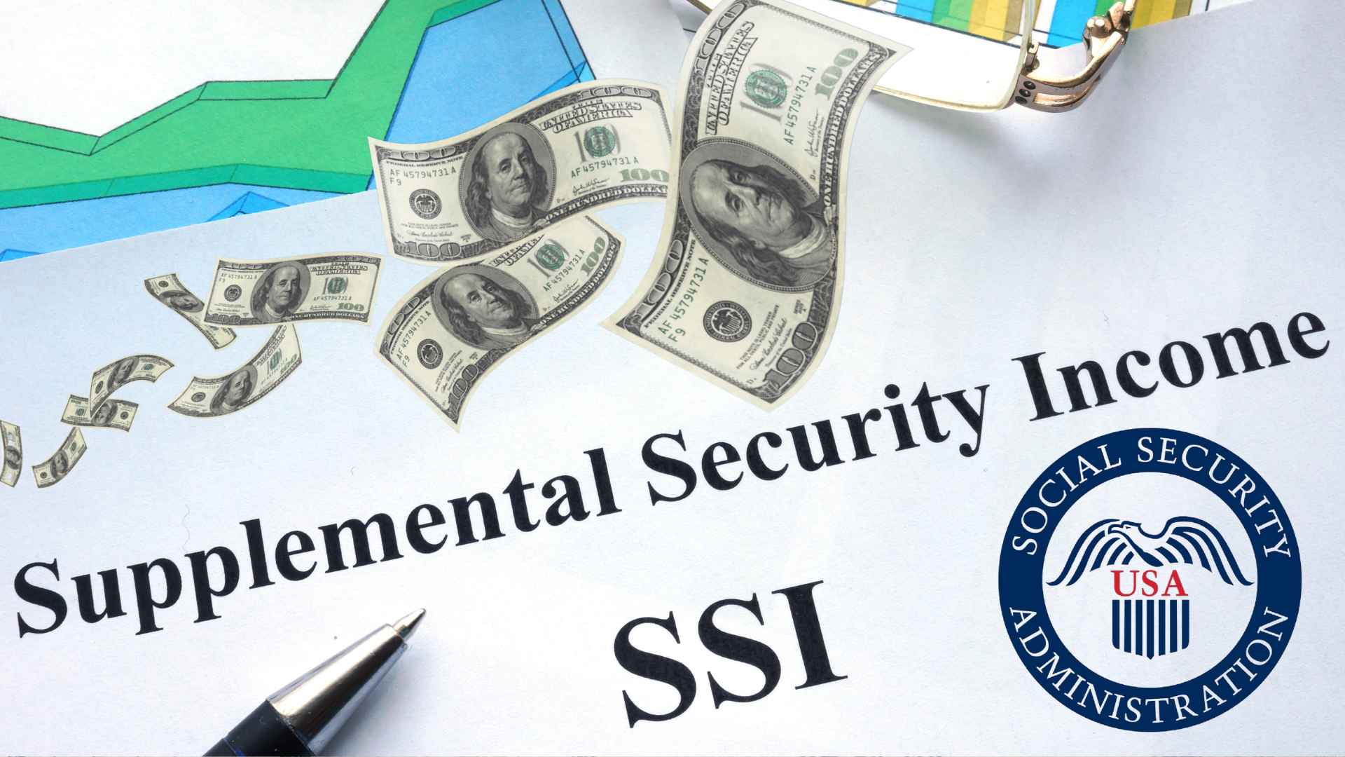 Supplemental Security Income document with SSA logo and floating hundred-dollar bills illustrating benefit payments abroad.