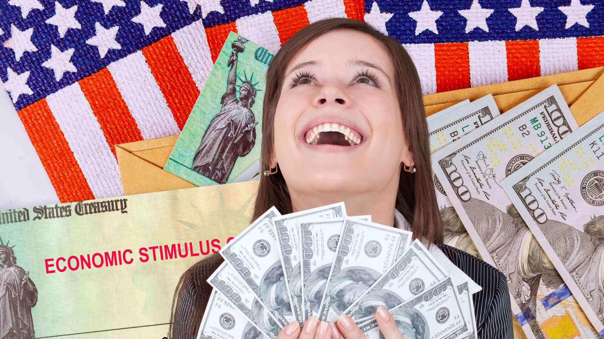 Smiling woman fans hundred-dollar bills against U.S. Treasury check, envelopes, and flag, illustrating 2025 Alaska and California stimulus aid
