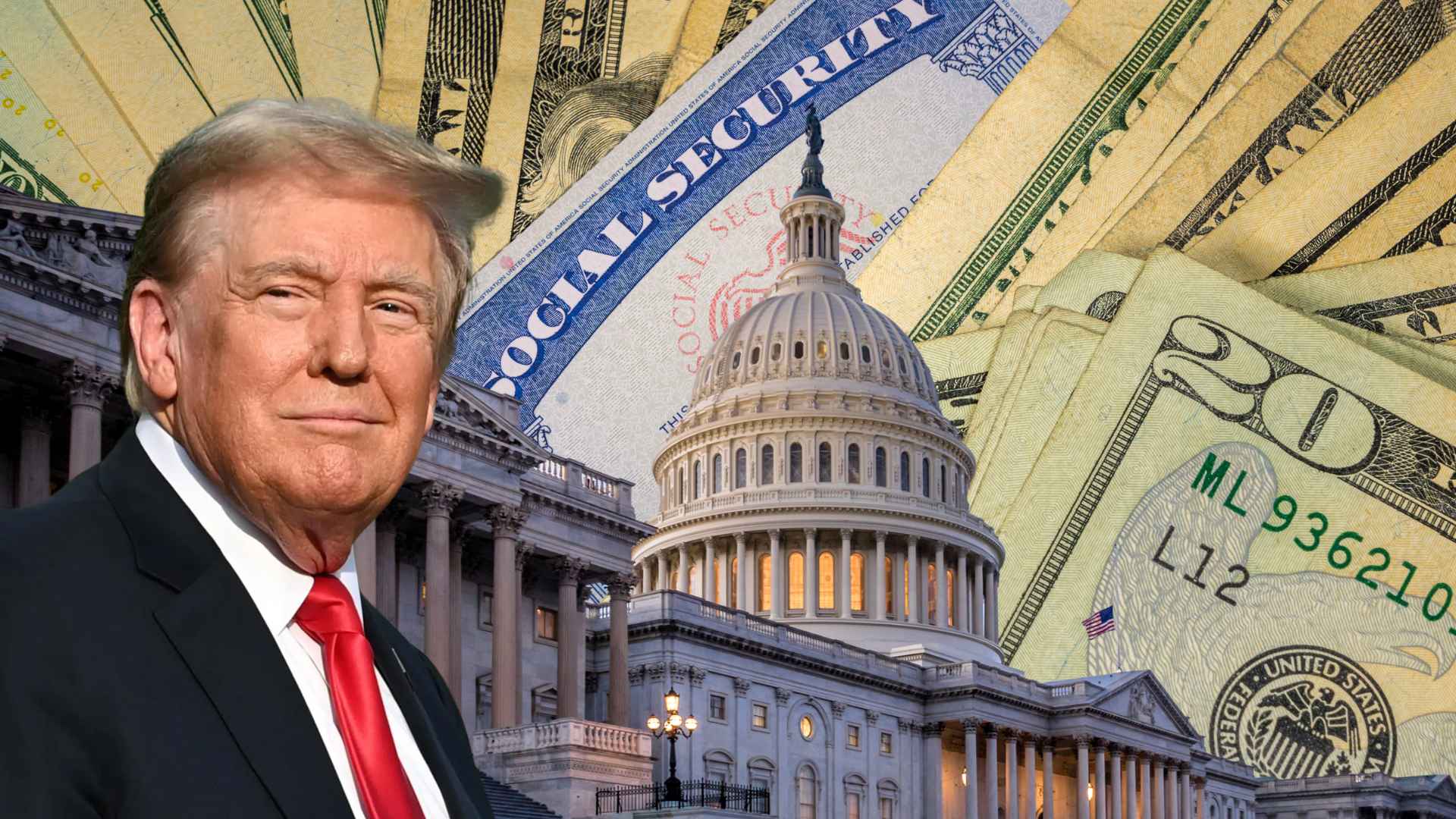 Man in suit with red tie in front of U.S. Capitol, Social Security card and cash backdrop illustrating benefit garnishments