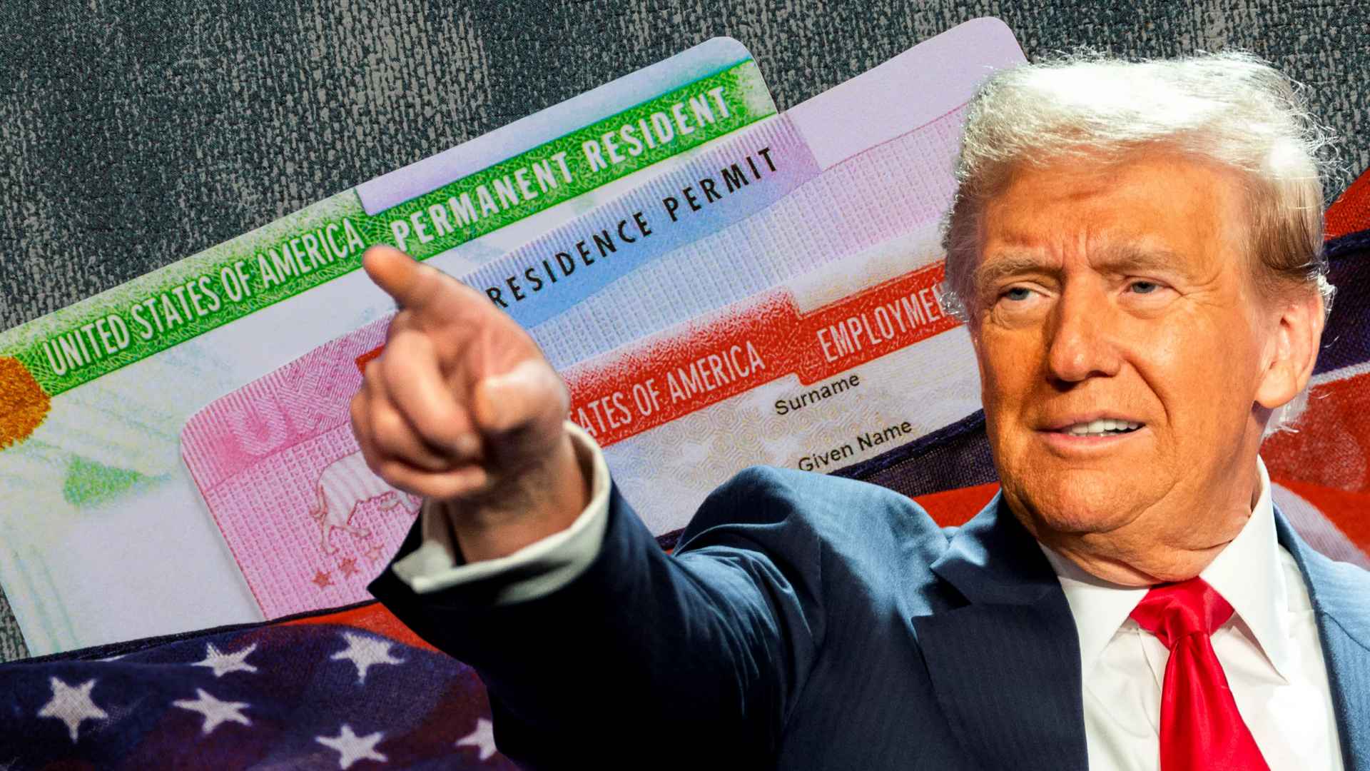 A man in a navy suit and red tie points forward as U.S. permanent resident cards and an American flag appear in the background.