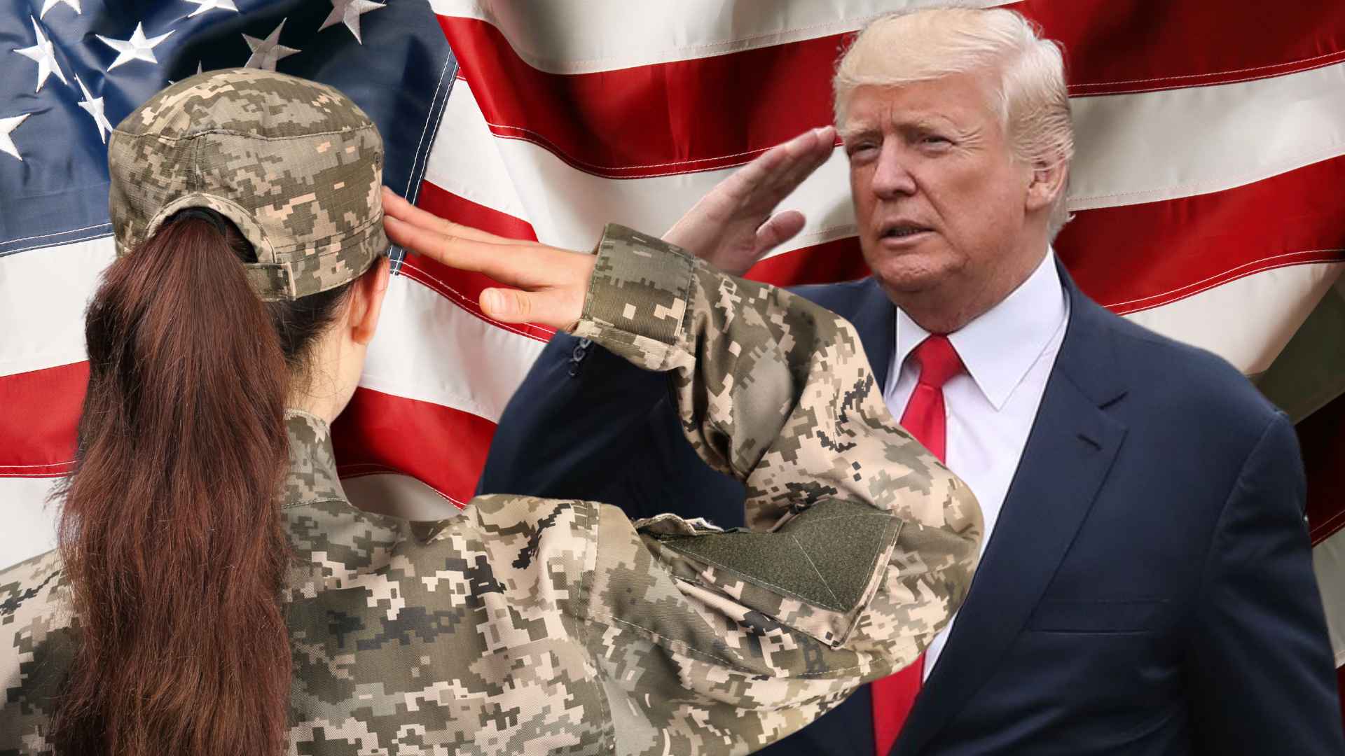 Female U.S. soldier in camouflage salutes Donald Trump before American flag backdrop.