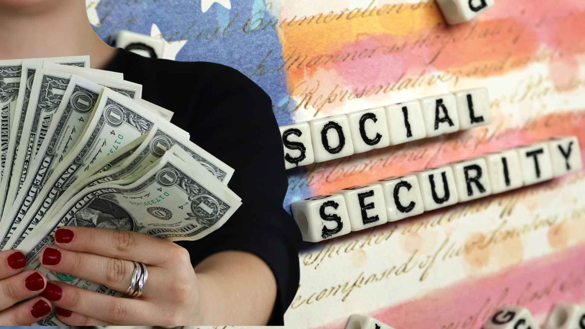 Hands holding dollar bills next to Social Security text over a U.S. flag background