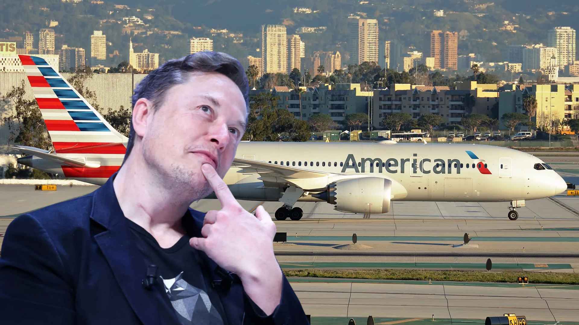Elon Musk looking thoughtful in front of an American Airlines jet on the tarmac, illustrating airlines’ pause on Starlink in-flight WiFi