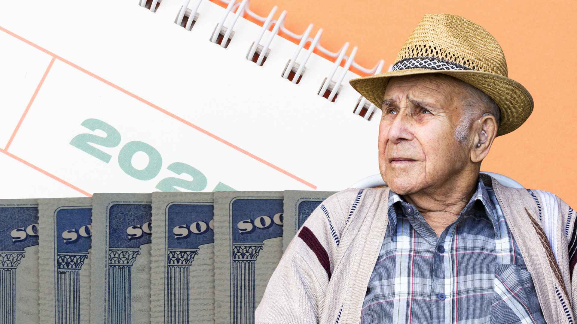 Senior man in straw hat sits beside Social Security cards and a 2025 calendar, illustrating the best retirement age for higher benefits.