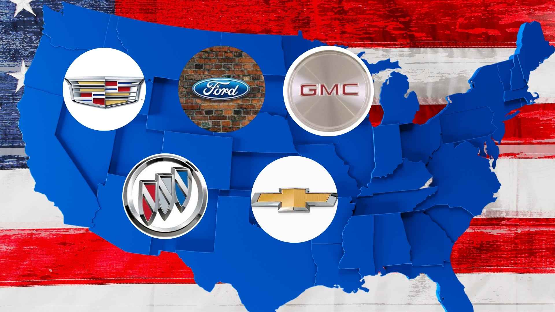 Map of United States over flag with Buick, Cadillac, Chevrolet, GMC and Ford logos highlighting 2025’s most reliable car brands.