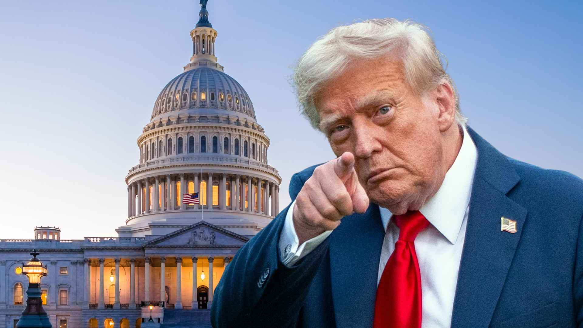 Donald Trump pointing in front of the U.S. Capitol building with a clear blue sky background