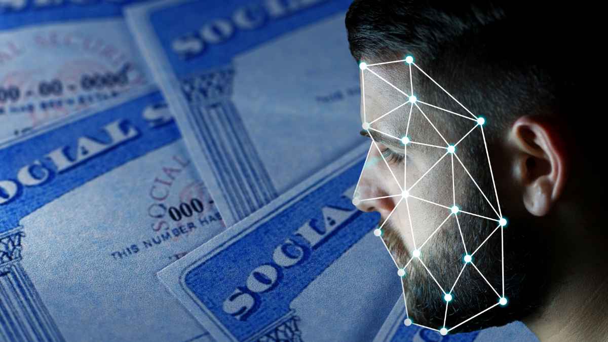 Close-up of a Social Security card with a digital face recognition overlay representing new identity verification rules.