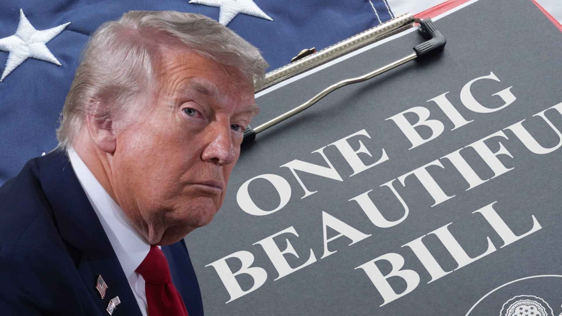 Donald Trump with a document titled One Big Beautiful Bill, representing the new law to eliminate taxes on tips and overtime.