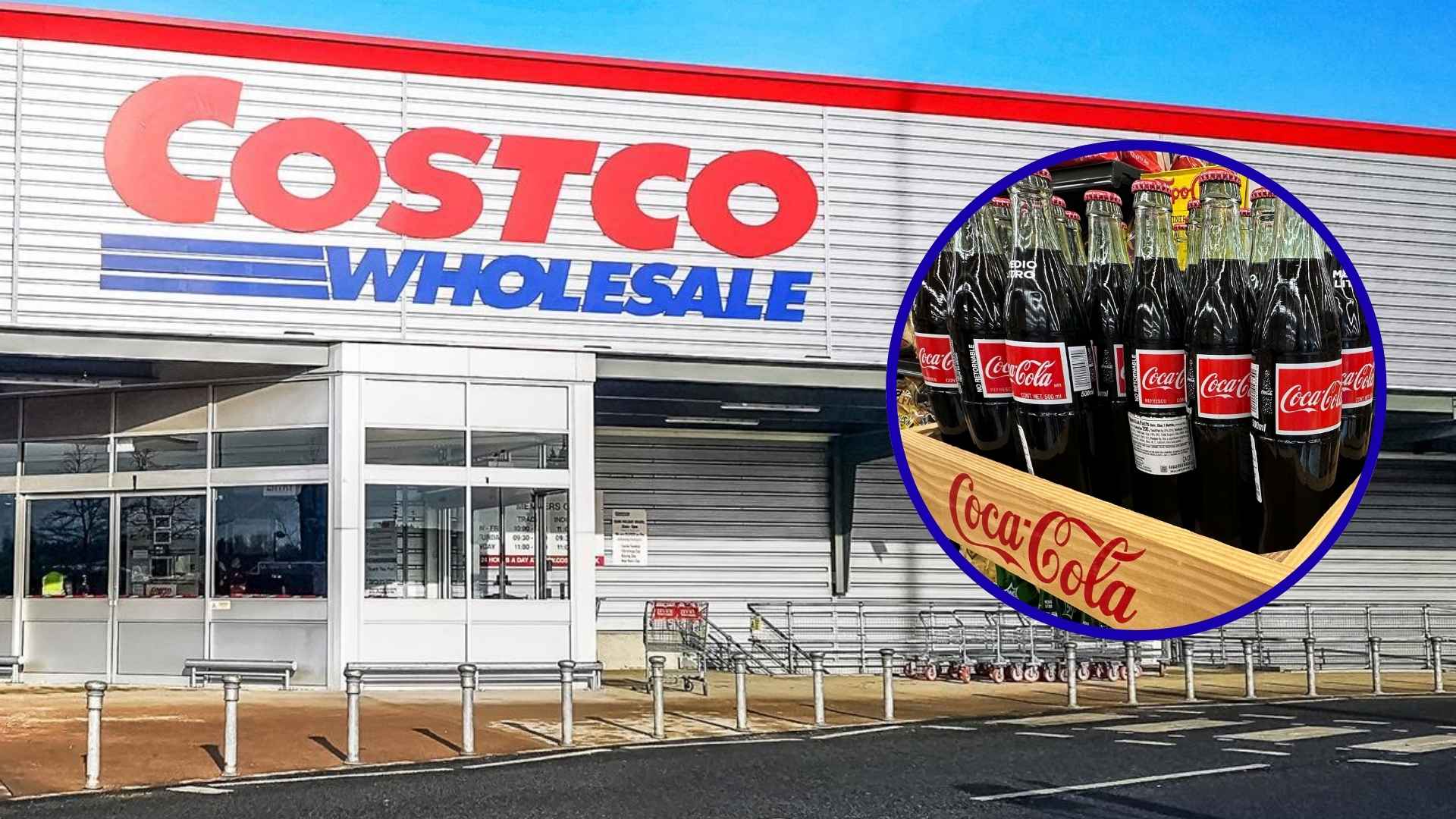 Costco storefront with Coca-Cola bottles, illustrating the beverage switch from Pepsi to Coca-Cola in food courts