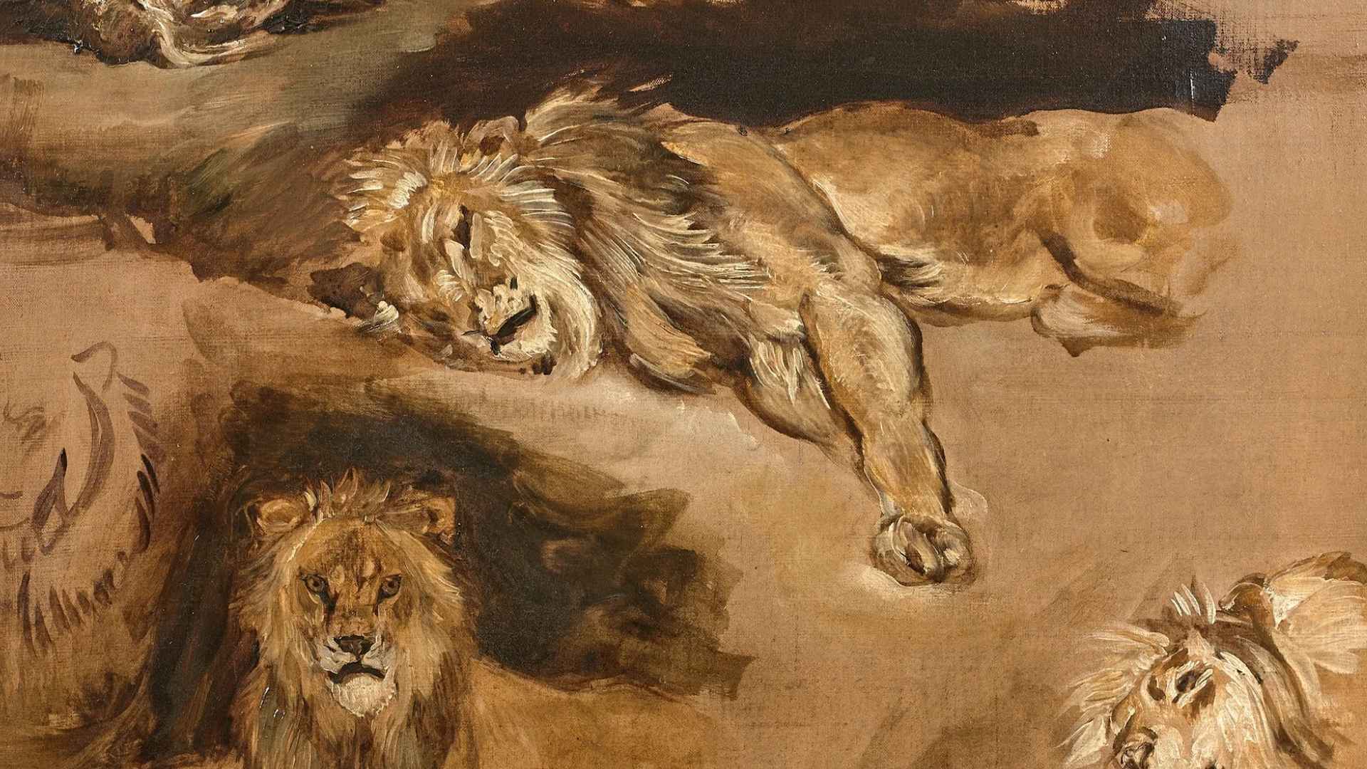 Oil painting of reclining lions by Eugène Delacroix discovered in a rural French family home during appraisal