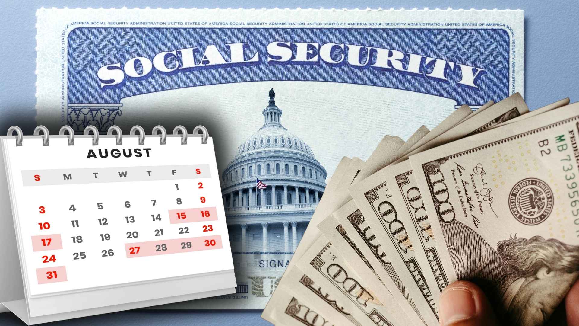 Calendar showing double SSI payments in August 2025 due to Labor Day, Social Security card, and cash dollars.