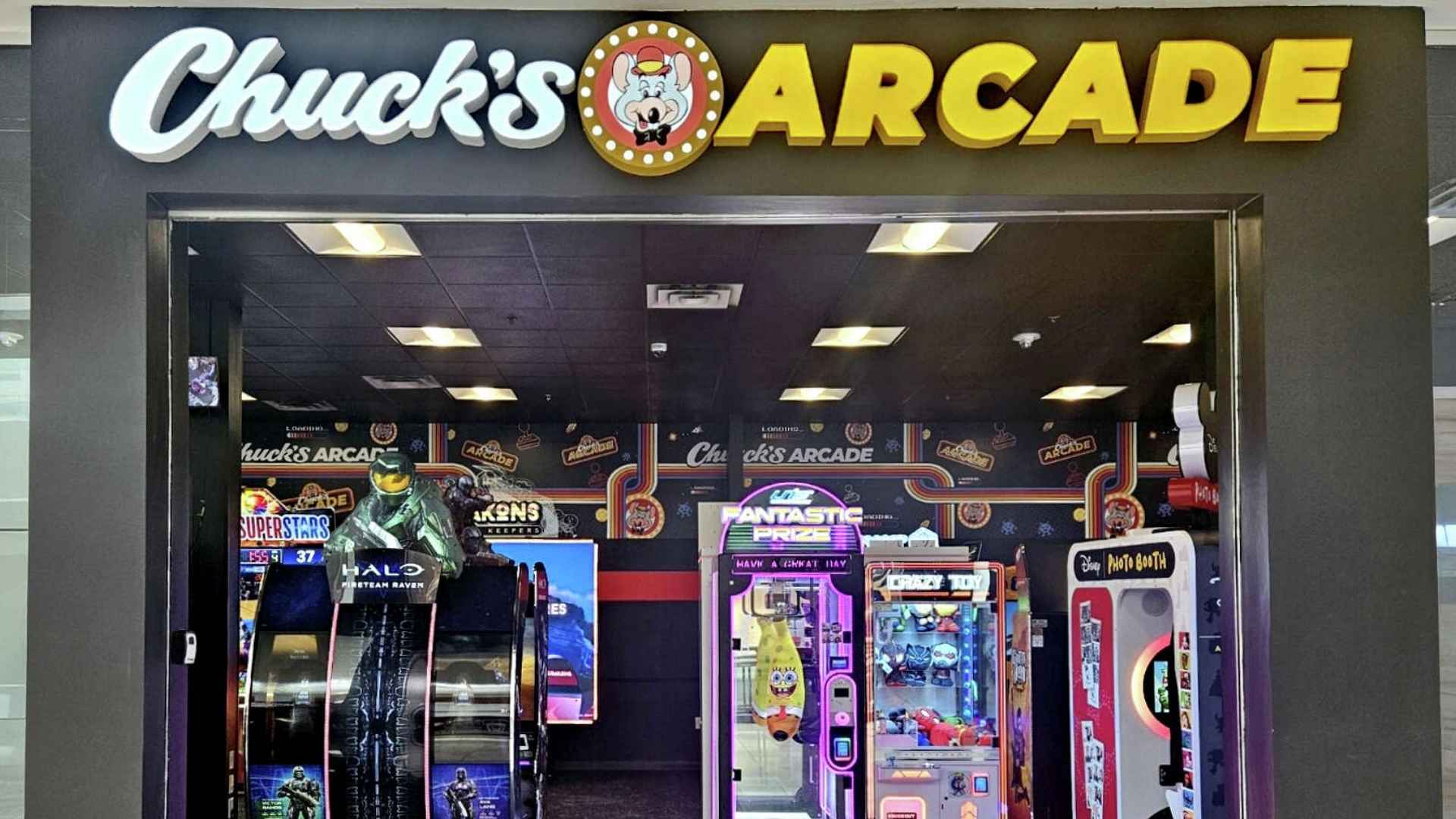Chuck's Arcade entrance with retro and modern games for adults in shopping malls across the United States.