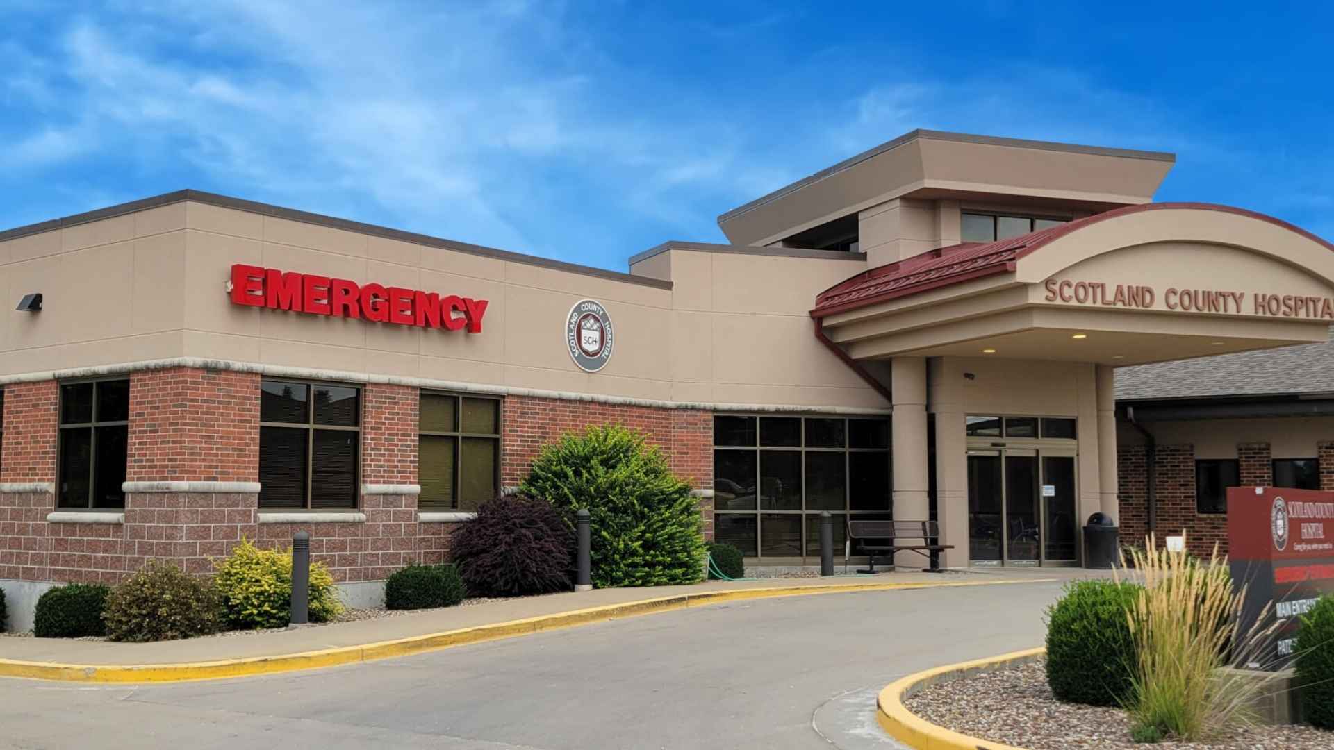 Emergency entrance of Scotland County Hospital, one of four rural Missouri hospitals facing closure risks according to UNC study.