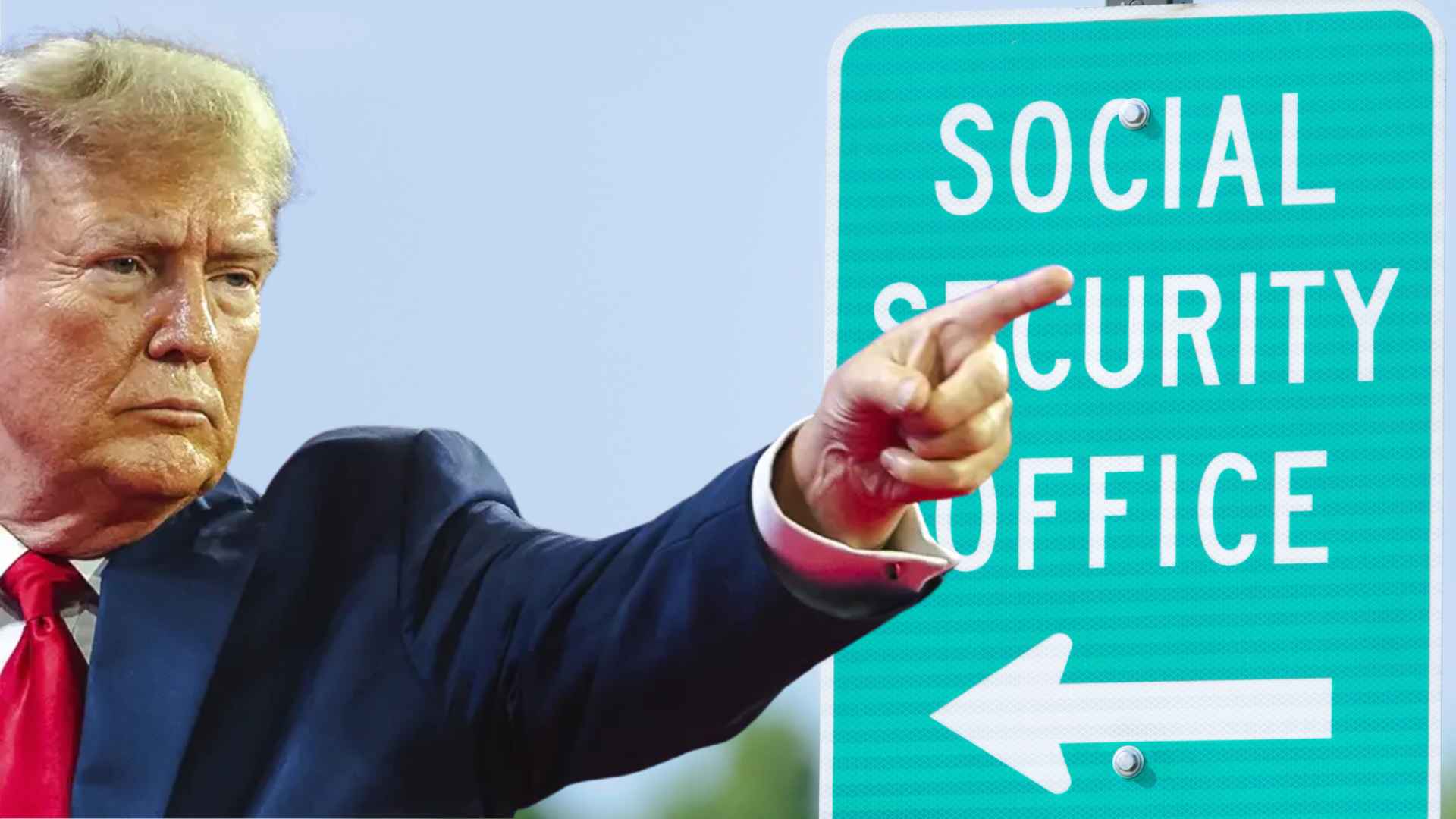 Donald Trump pointing toward a Social Security Office sign, symbolizing changes to retirement age policies.