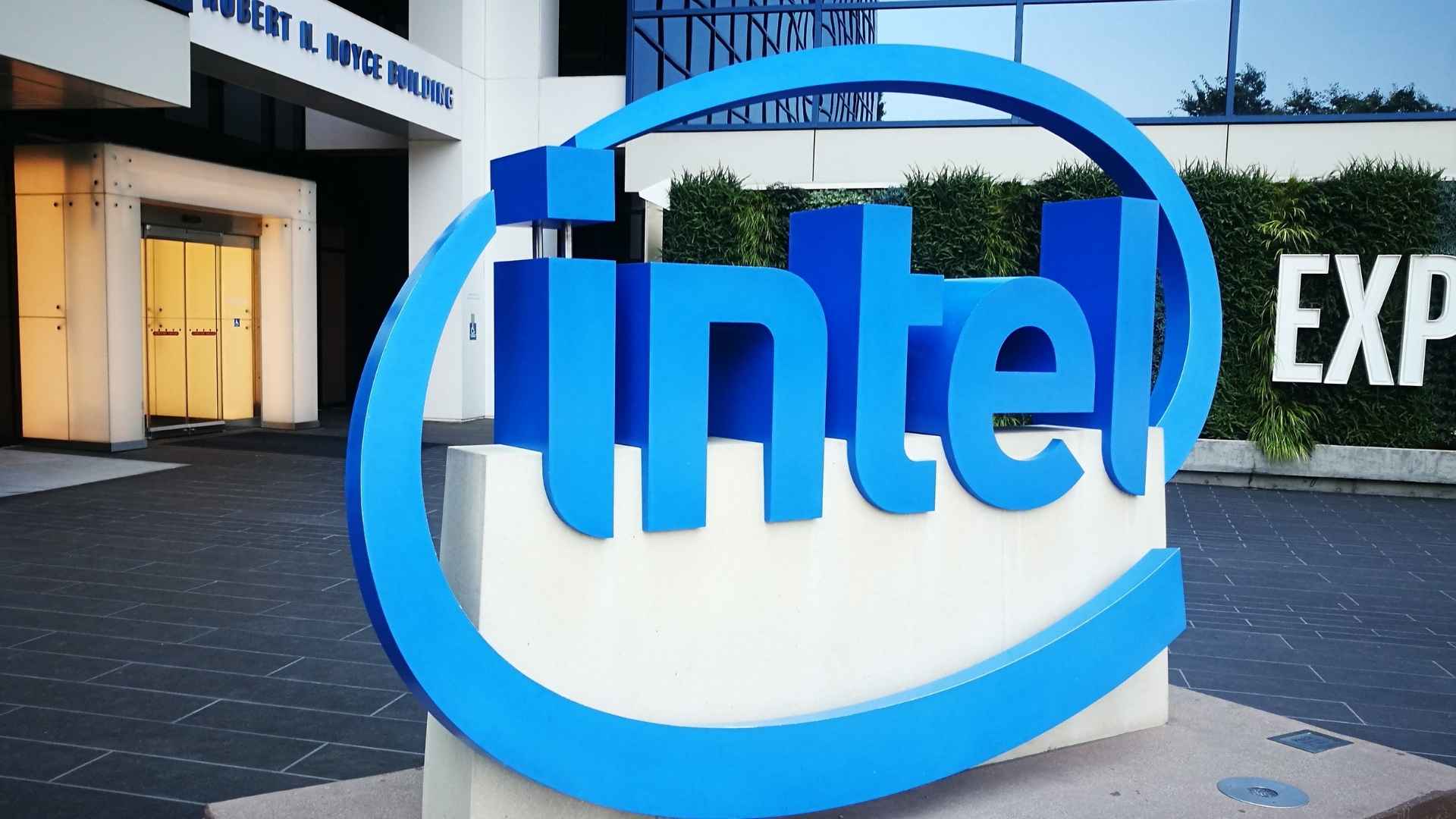Intel company sign at headquarters with the logo displayed outside the Robert N. Noyce building.