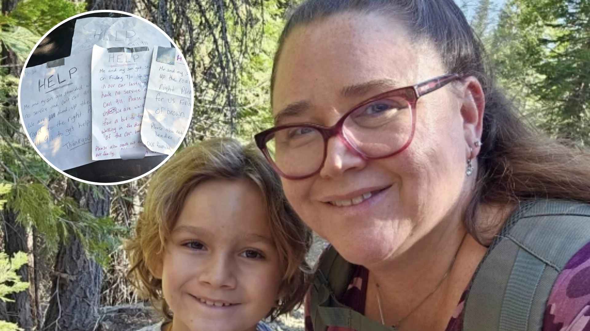Mother and son smiling after rescue with handwritten help notes used to survive in California forest