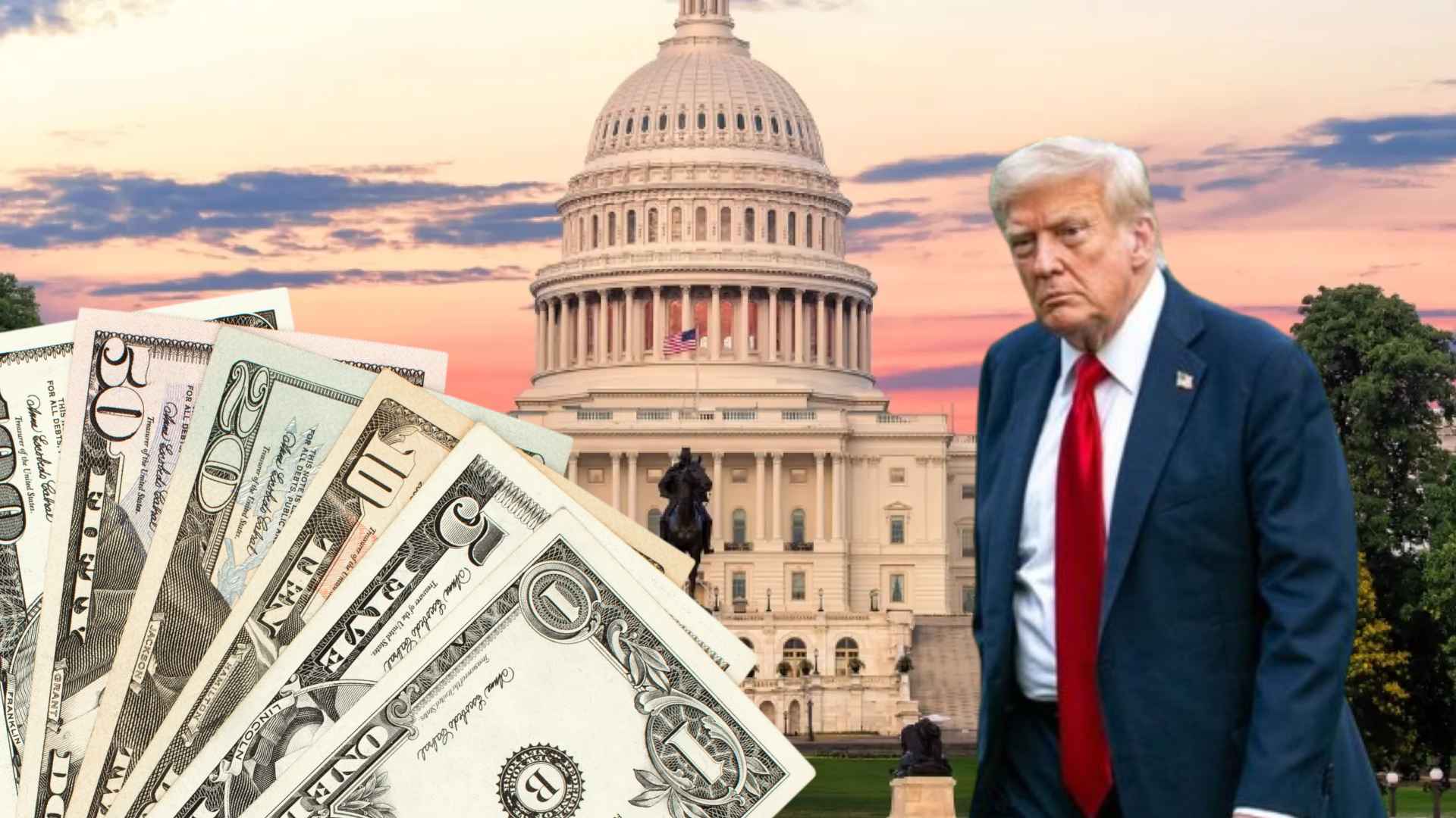U.S. Capitol building at sunset with dollar bills and Donald Trump representing new tax breaks for American families