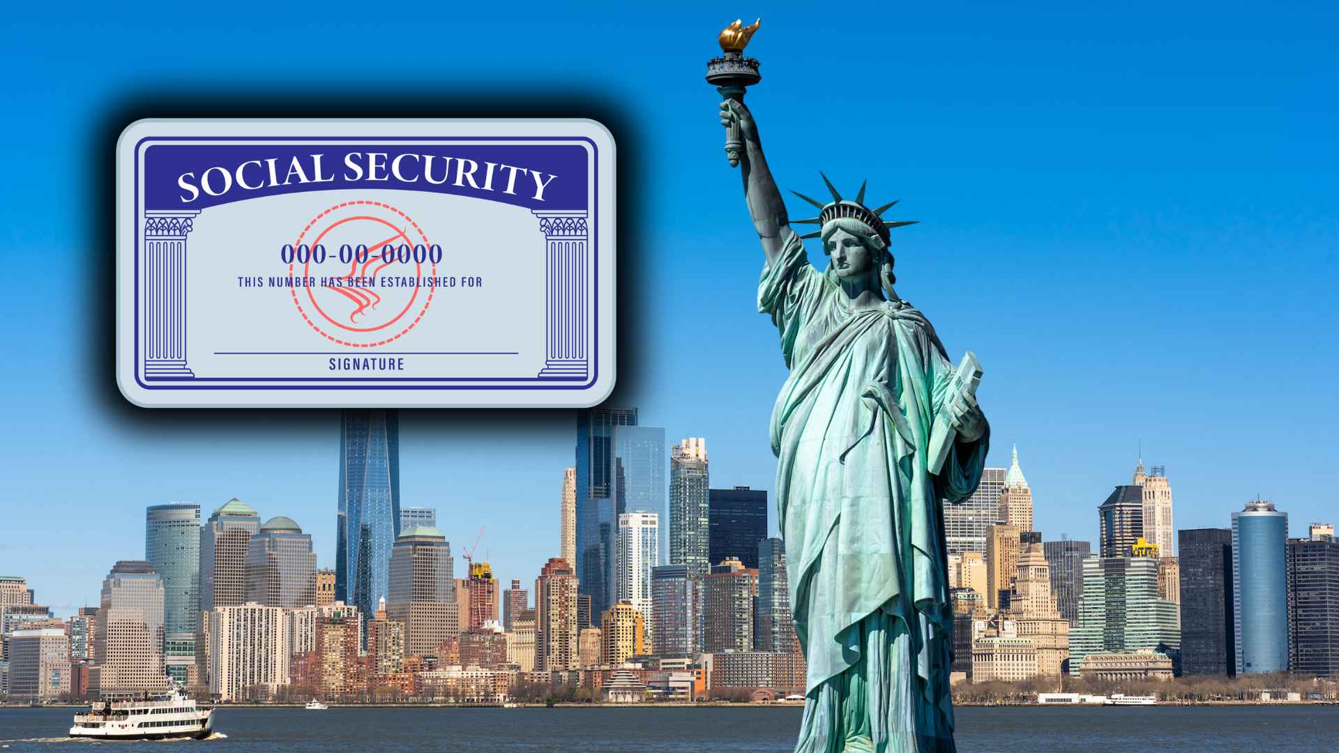 Social Security card next to the Statue of Liberty representing automatic inflation-relief checks for New York residents