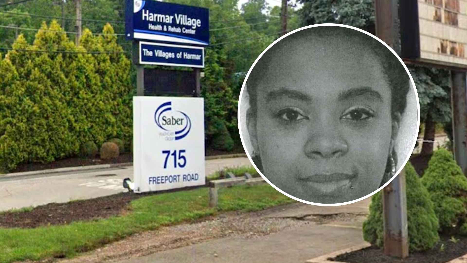 Entrance to Harmar Village nursing home with inset photo of woman accused of forging nursing identities in Pennsylvania.