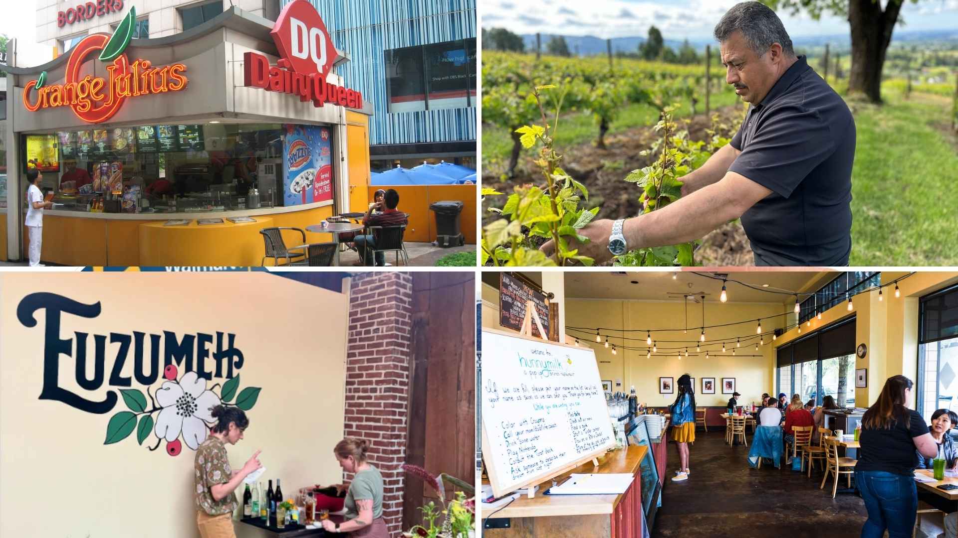 Collage of Portland food changes: Orange Julius closure, detained vineyard worker, Euzumeh pop-up, Hunnymilk relocation
