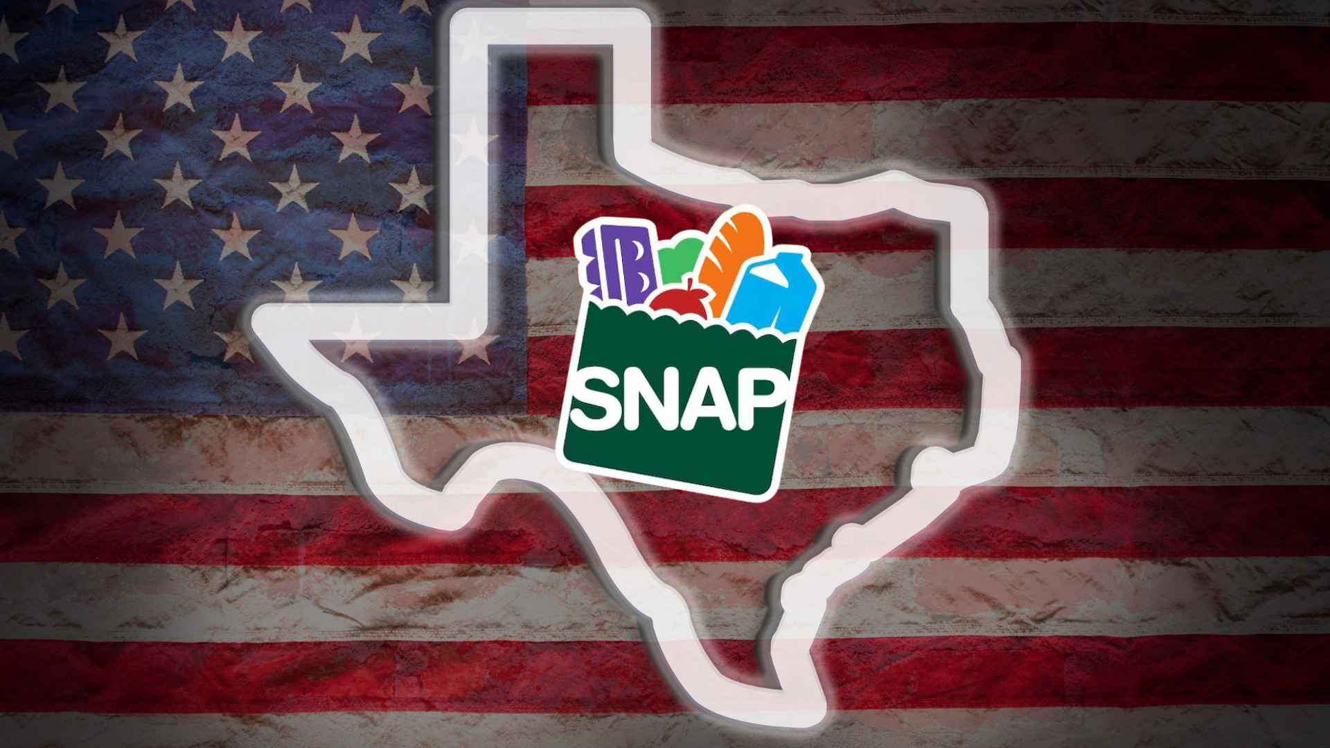 Outline of Texas over a faded American flag with a SNAP grocery-bag icon, highlighting food stamp benefits up to $1,756 available to Texas residents through July 15
