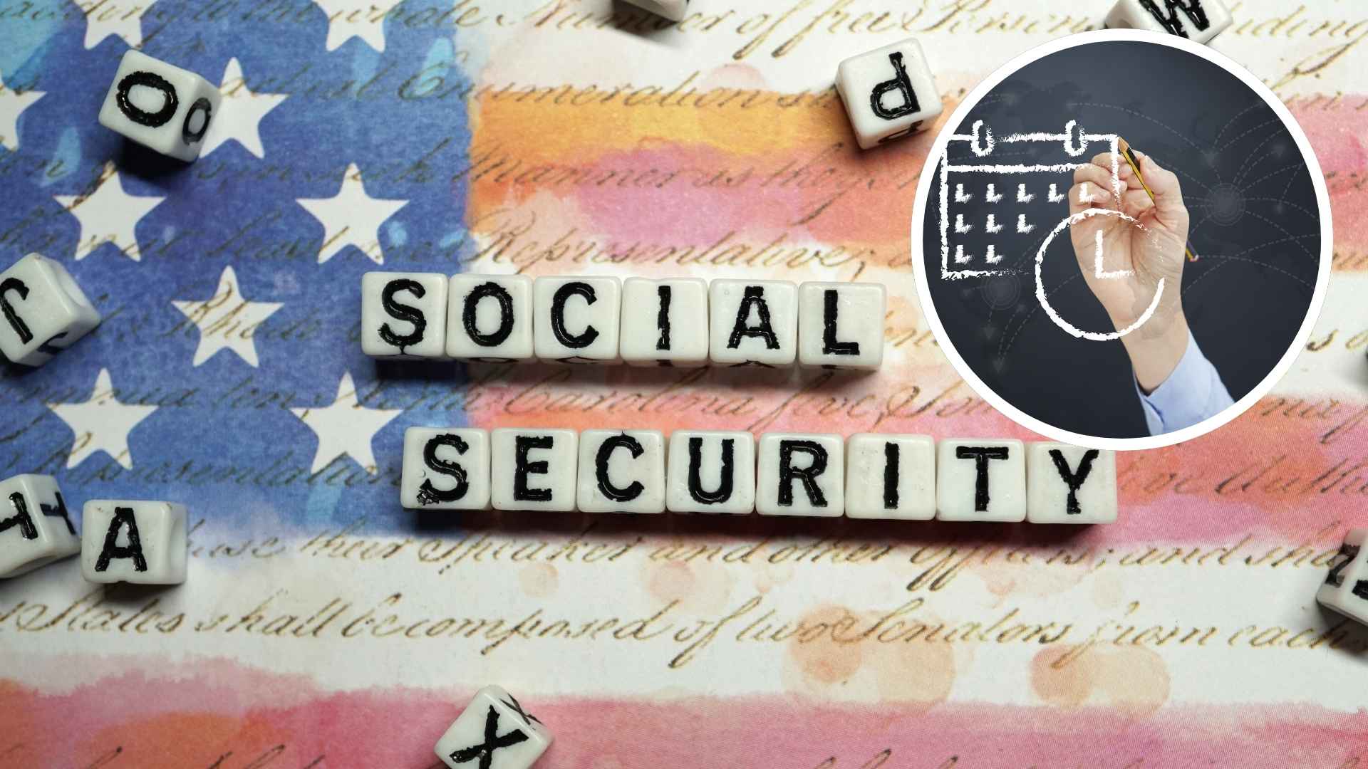 Scrabble tiles spelling 'Social Security' with a background of the U.S. flag and a calendar illustration