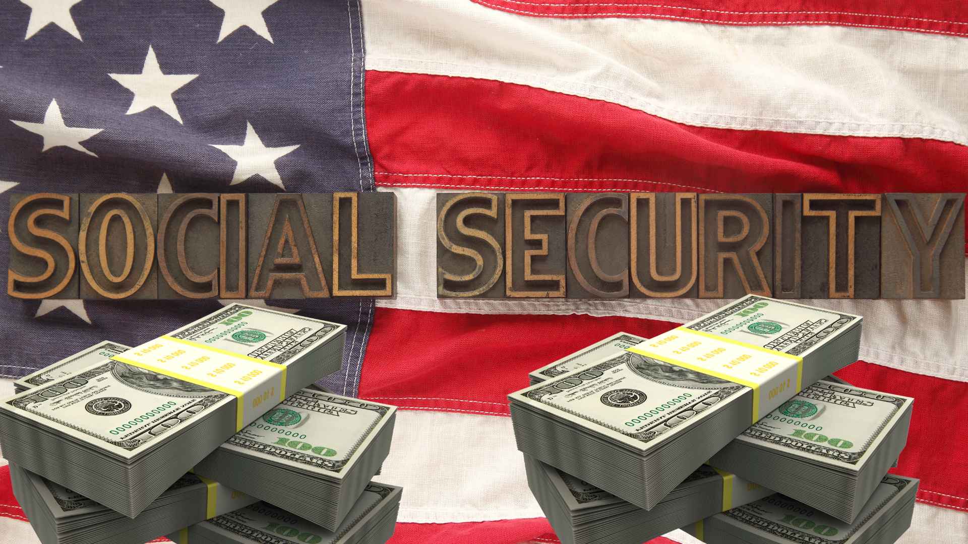 Stacks of dollars with American flag illustrating Social Security double deposits and extra retirement check payments