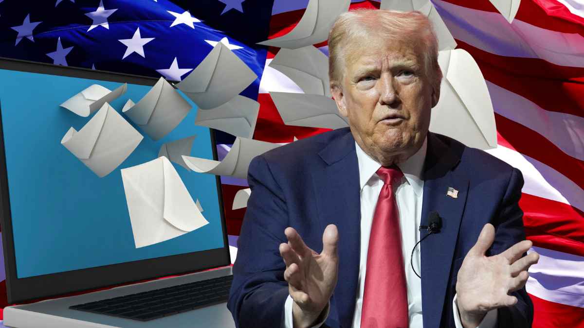Donald Trump alongside email graphics and American flag representing Social Security email confusion