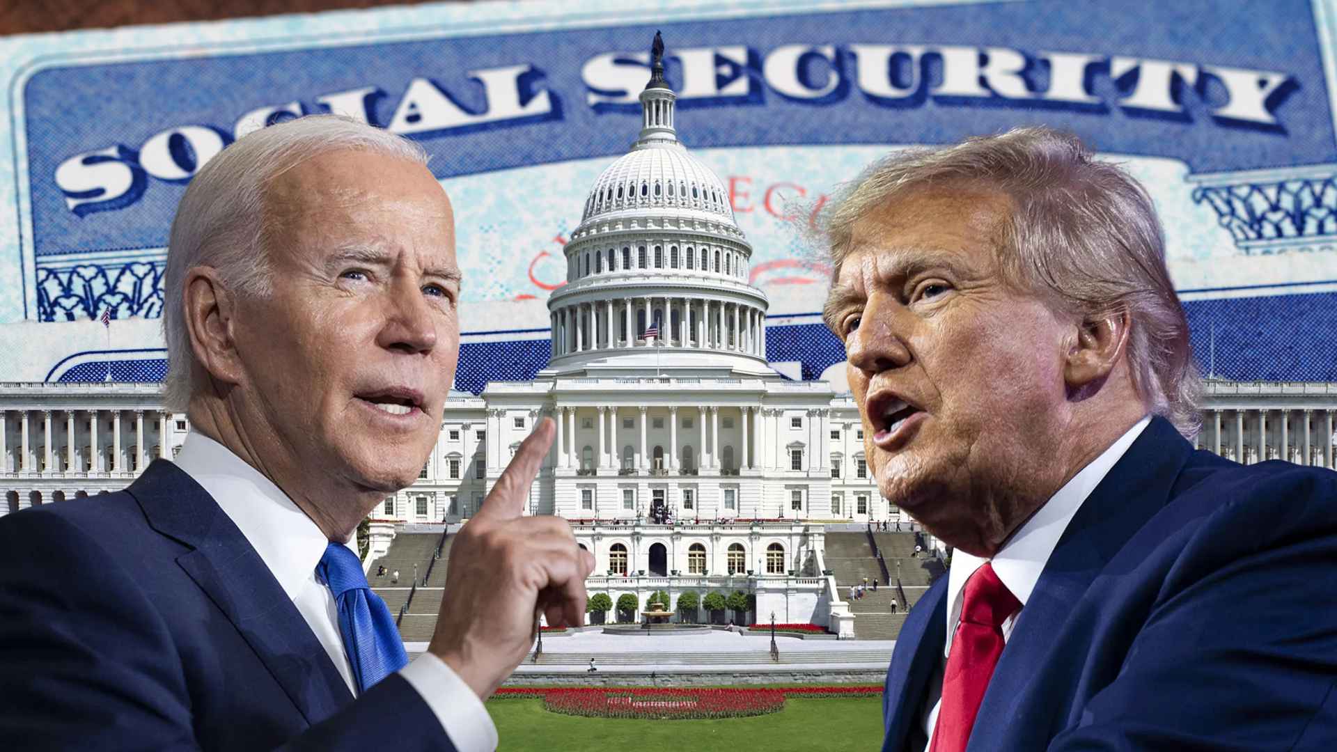 Joe Biden and Donald Trump in front of the U.S. Capitol with Social Security cards, discussing Social Security Fairness Act payments.