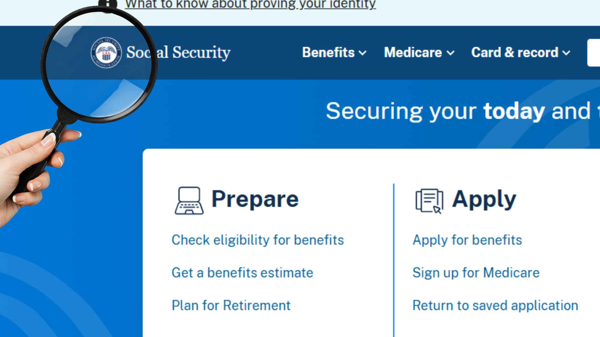 Magnifying glass highlighting the Social Security Administration's online portal offering benefits information and application options.