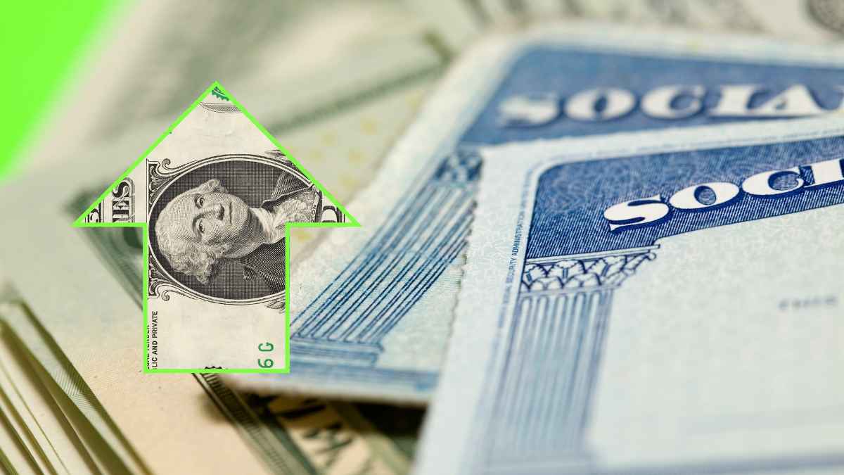 Upward arrow made of a U.S. dollar alongside Social Security cards, symbolizing the 2025 payment increase for millions of American retirees