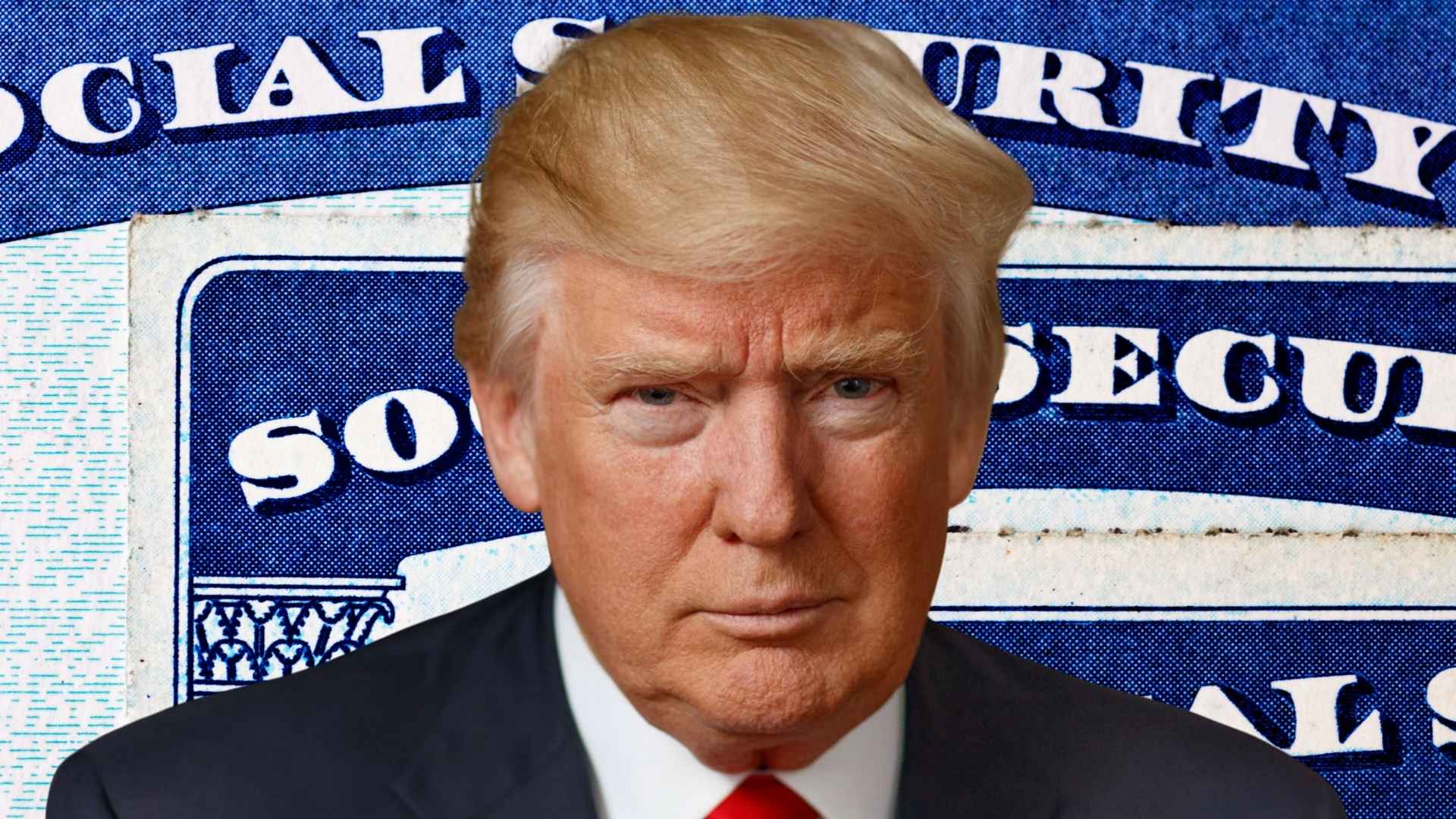 Donald Trump next to a Social Security card representing increased monthly checks and rising healthcare costs in 2026