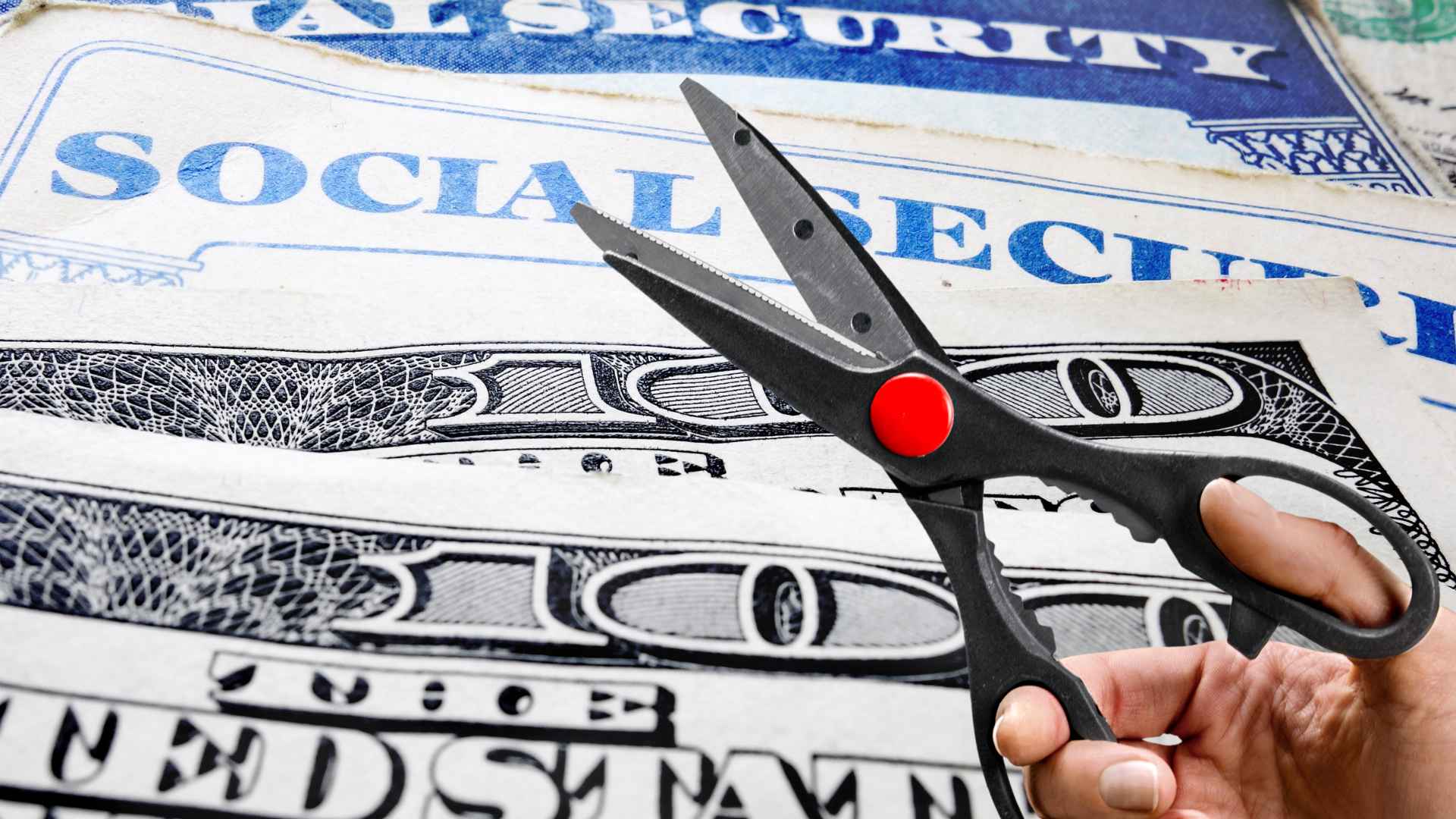 Scissors cutting Social Security checks representing a reduction in SSI payments