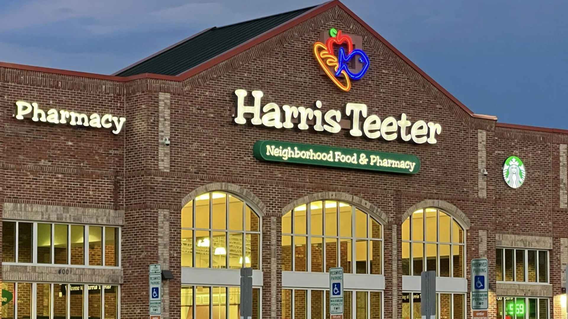 Exterior view of Harris Teeter supermarket store front, part of Kroger, closing locations this summer in Maryland, Virginia, and North Carolina.