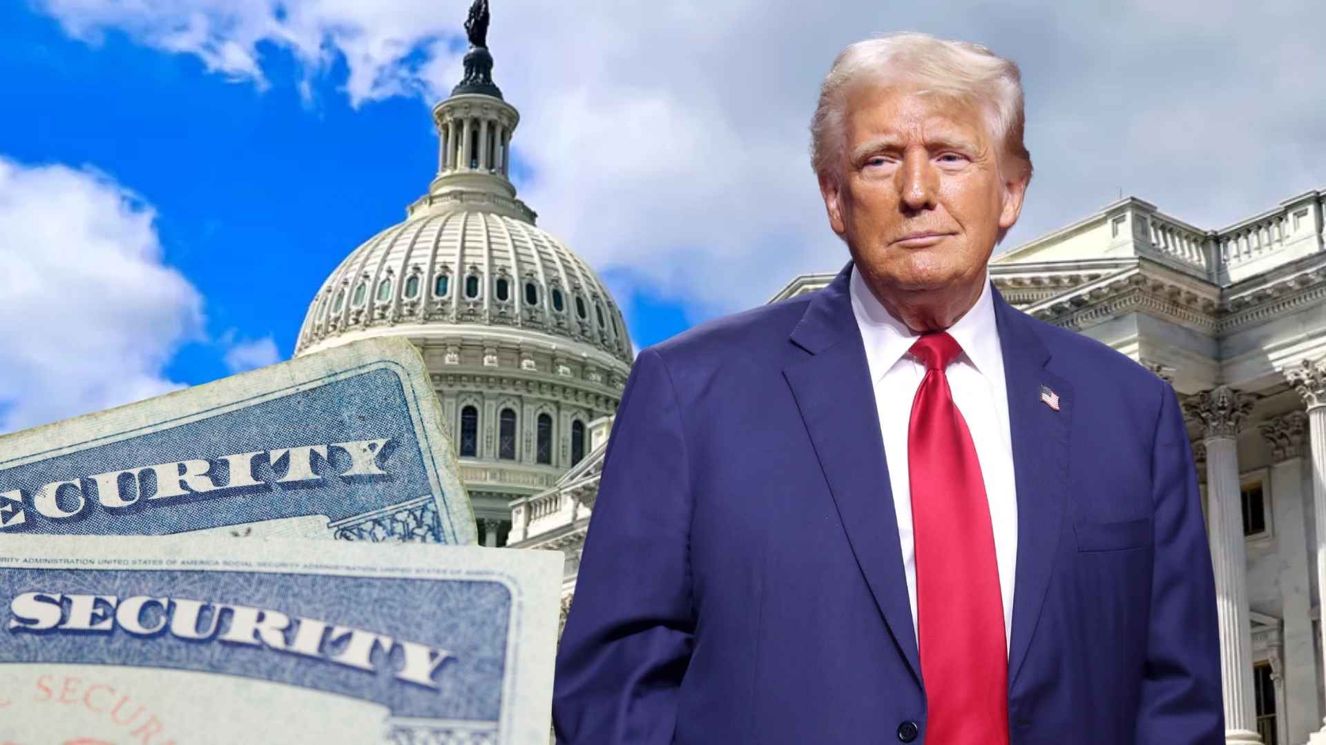 Former president in front of Capitol beside Social Security cards illustrating upcoming 50 percent benefit garnishment on July 24 for overpaid recipients