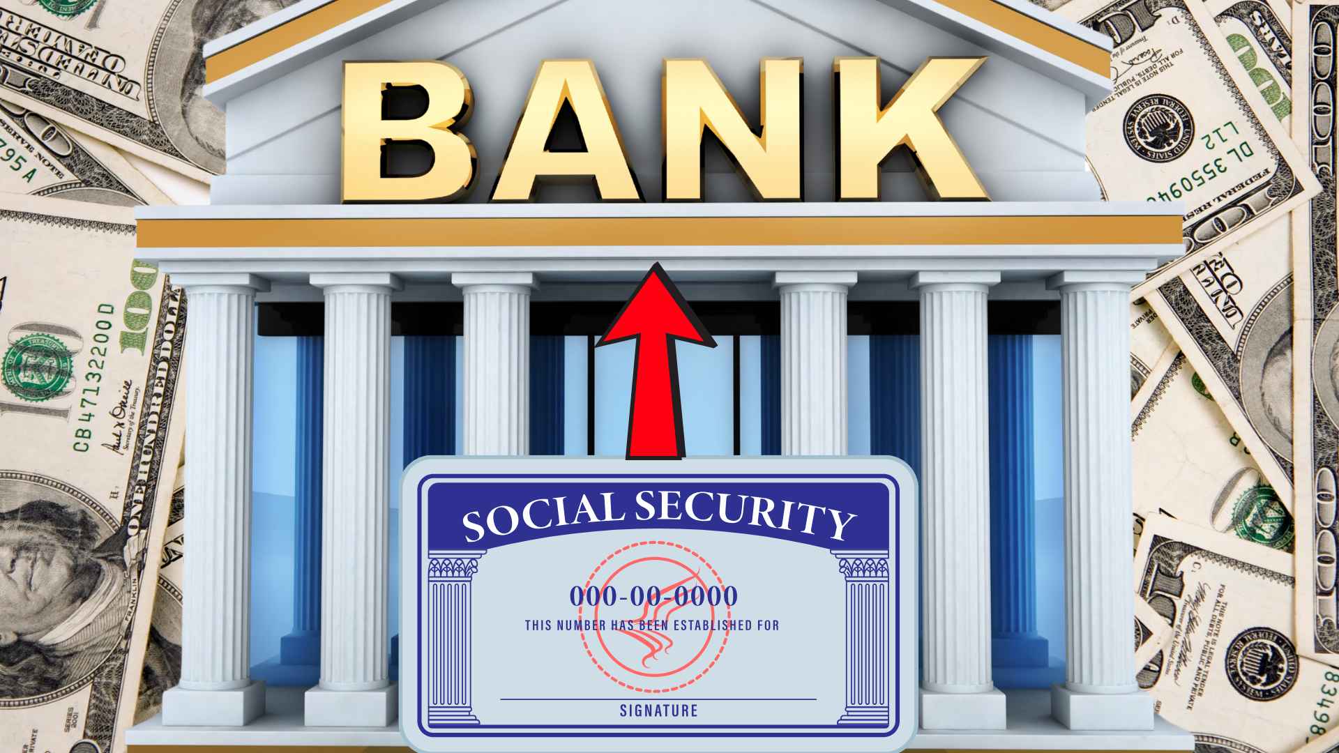 Illustration showing Social Security card and bank building, representing updating direct deposit bank account details.