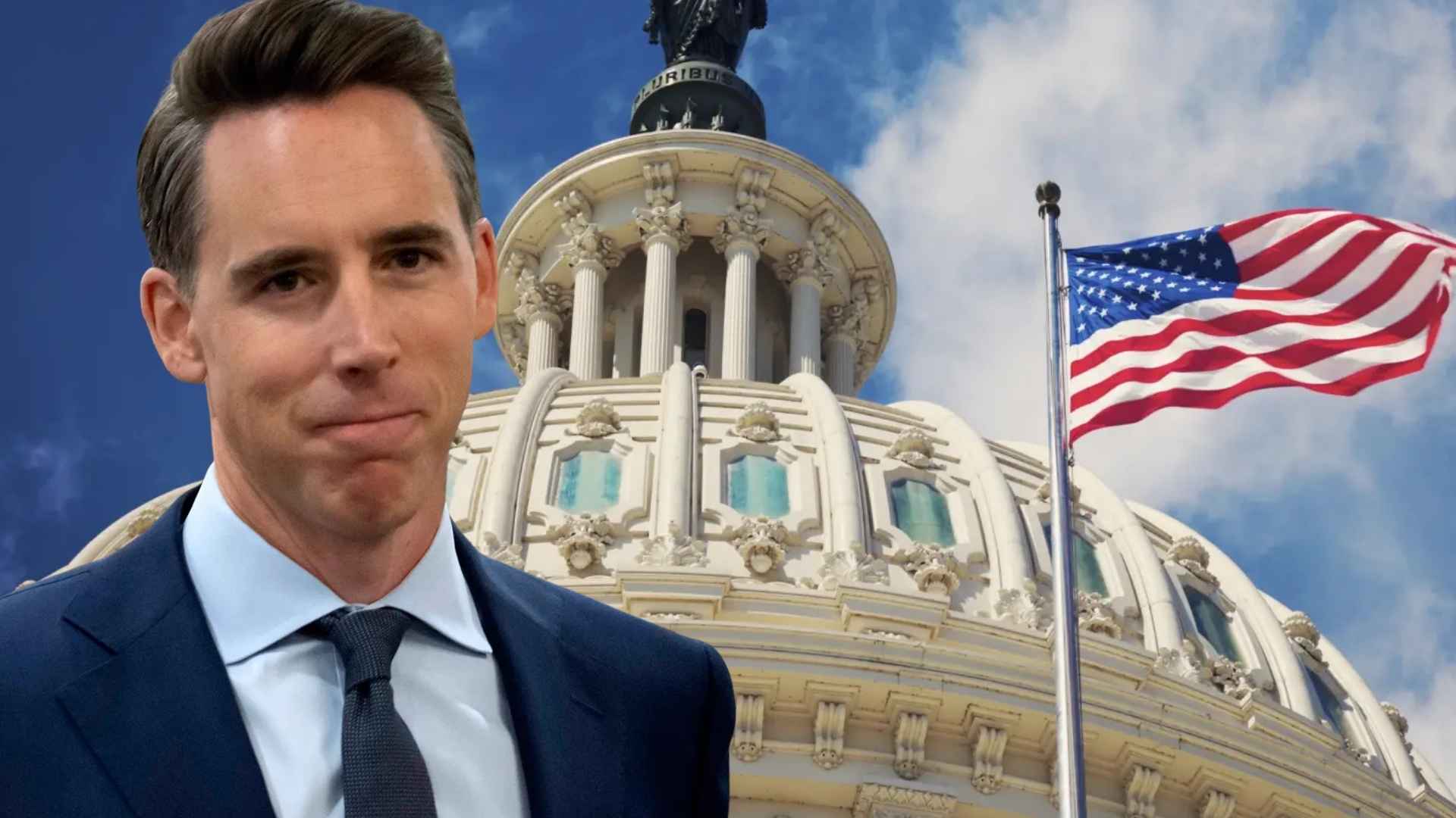 Senator Josh Hawley in front of the U.S. Capitol with American flag, proposing $600 tariff rebate payments