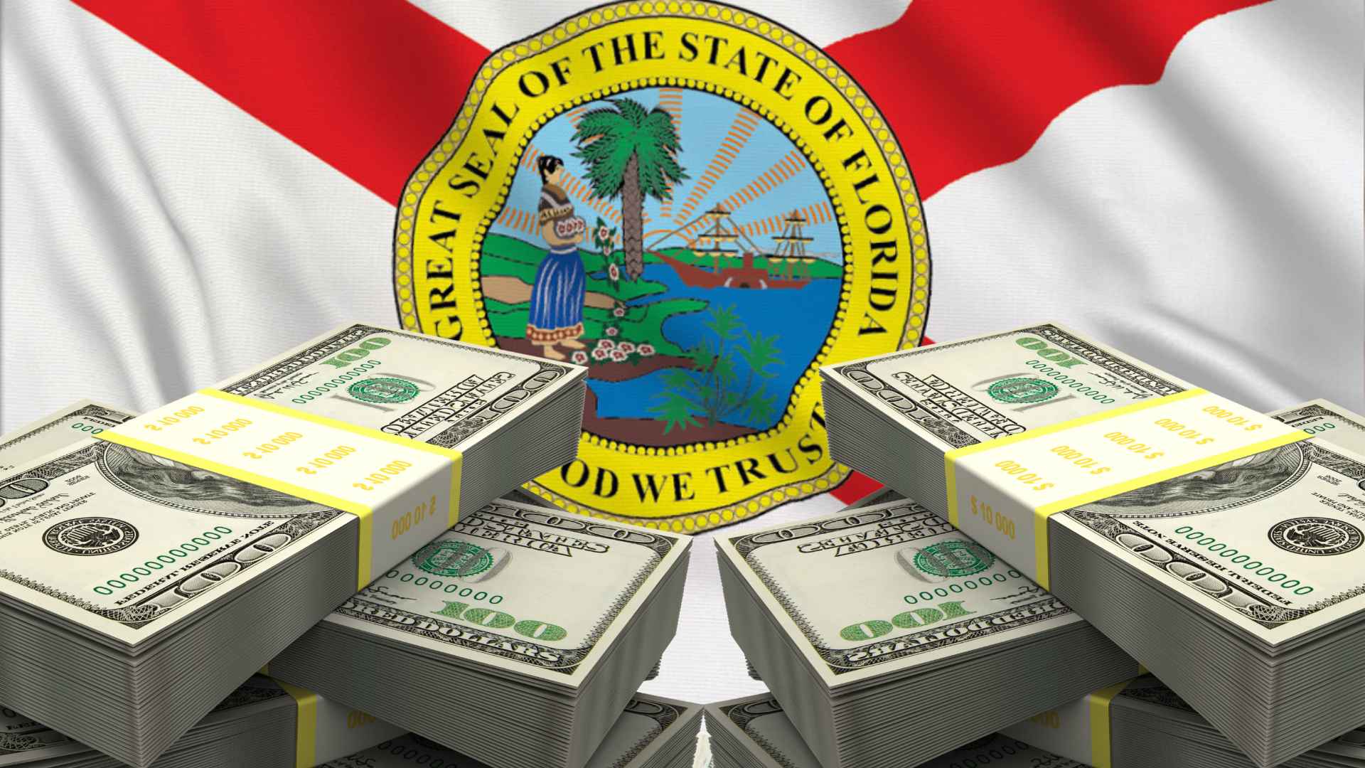 Stacks of US dollar bills overlaid on Florida state flag symbolizing upcoming minimum wage increase to $14 hourly.