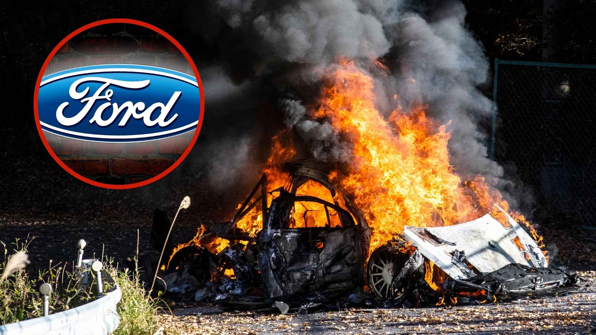 Ford logo inset beside a burning ford SUV engulfed in flames and heavy smoke on the roadside
