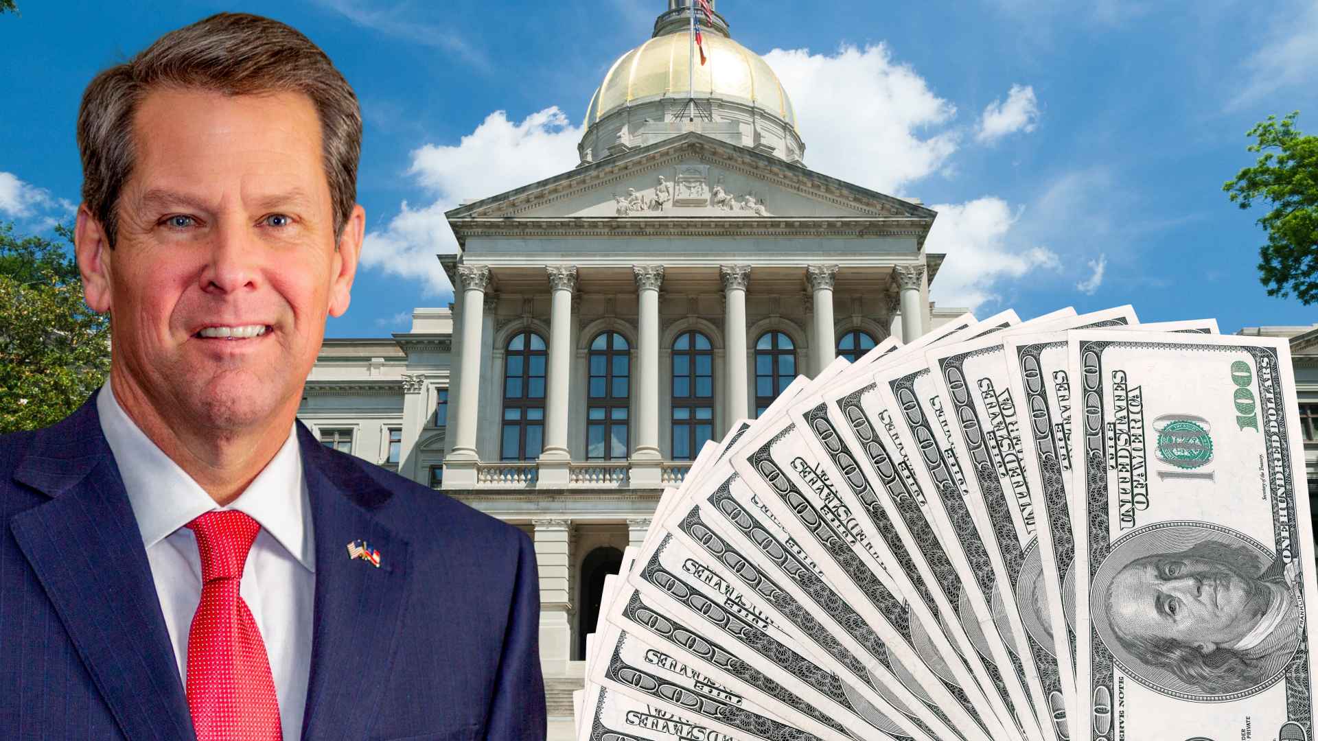 Georgia Governor Brian Kemp with state capitol building and $100 bills representing the new $500 tax refund payments