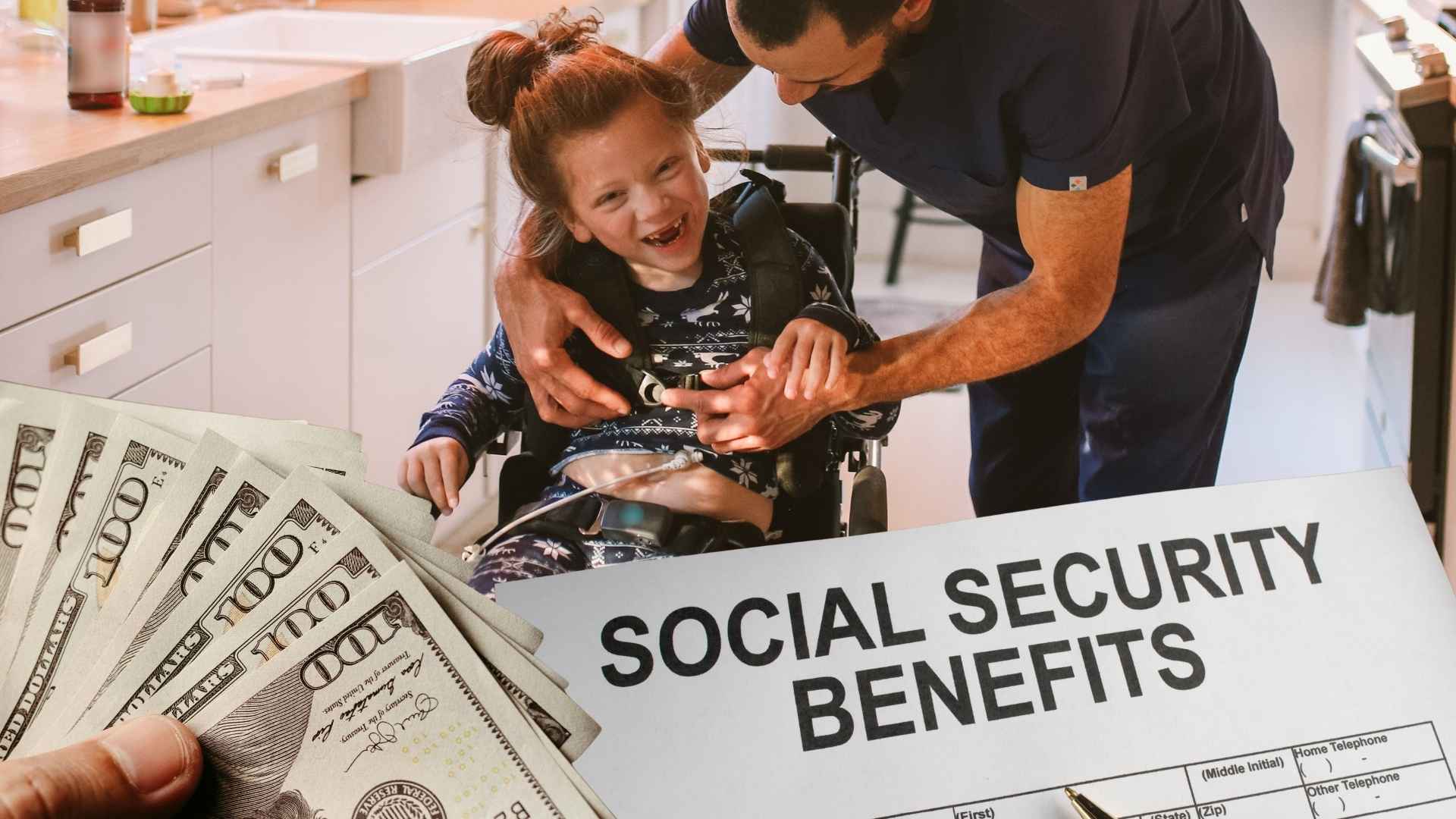 Parent assisting child in wheelchair with Social Security benefits form and cash representing possible monthly payments
