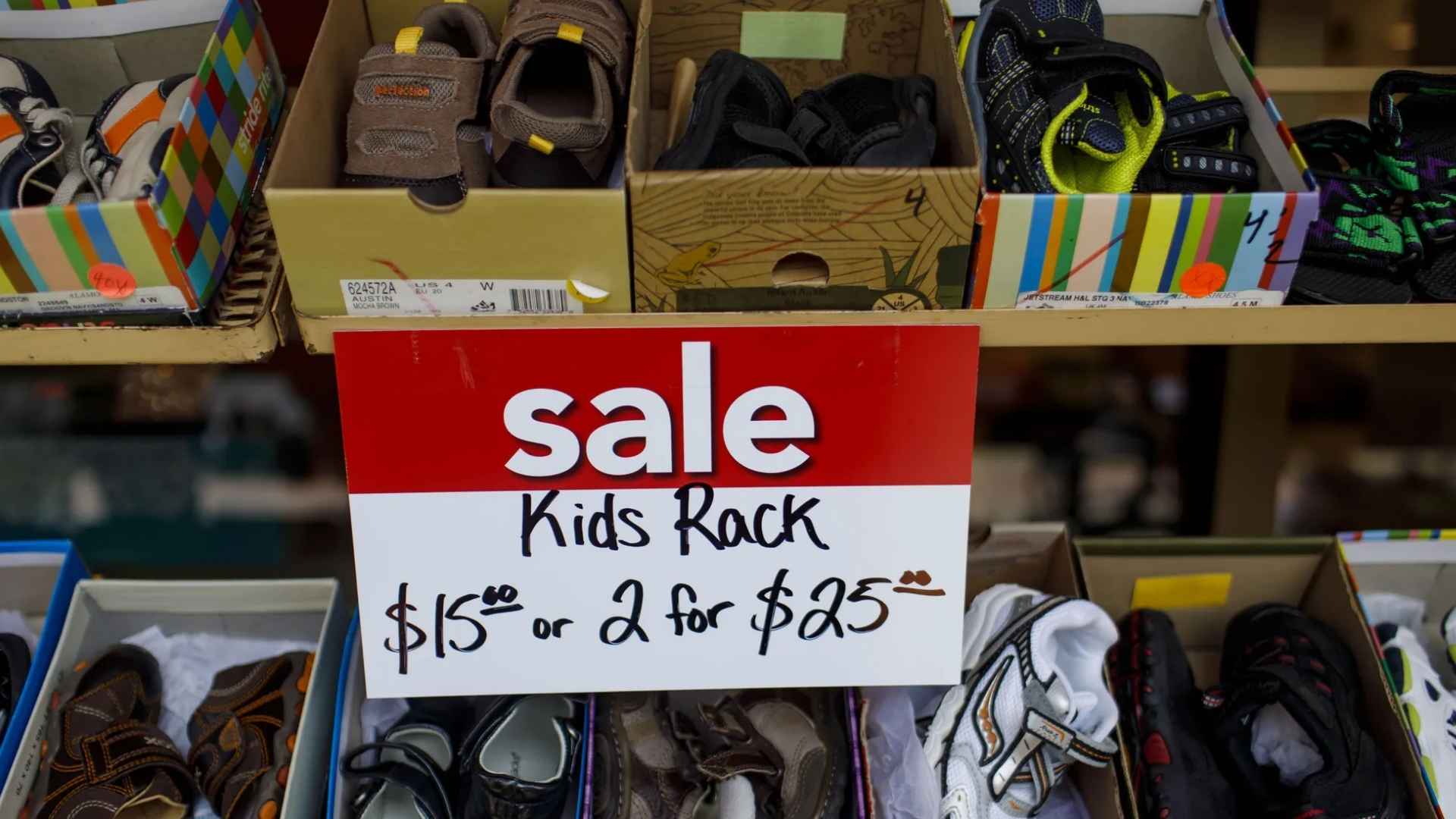 Children’s shoes on sale rack at Hanig’s Footwear in Chicago before Mag Mile store closure