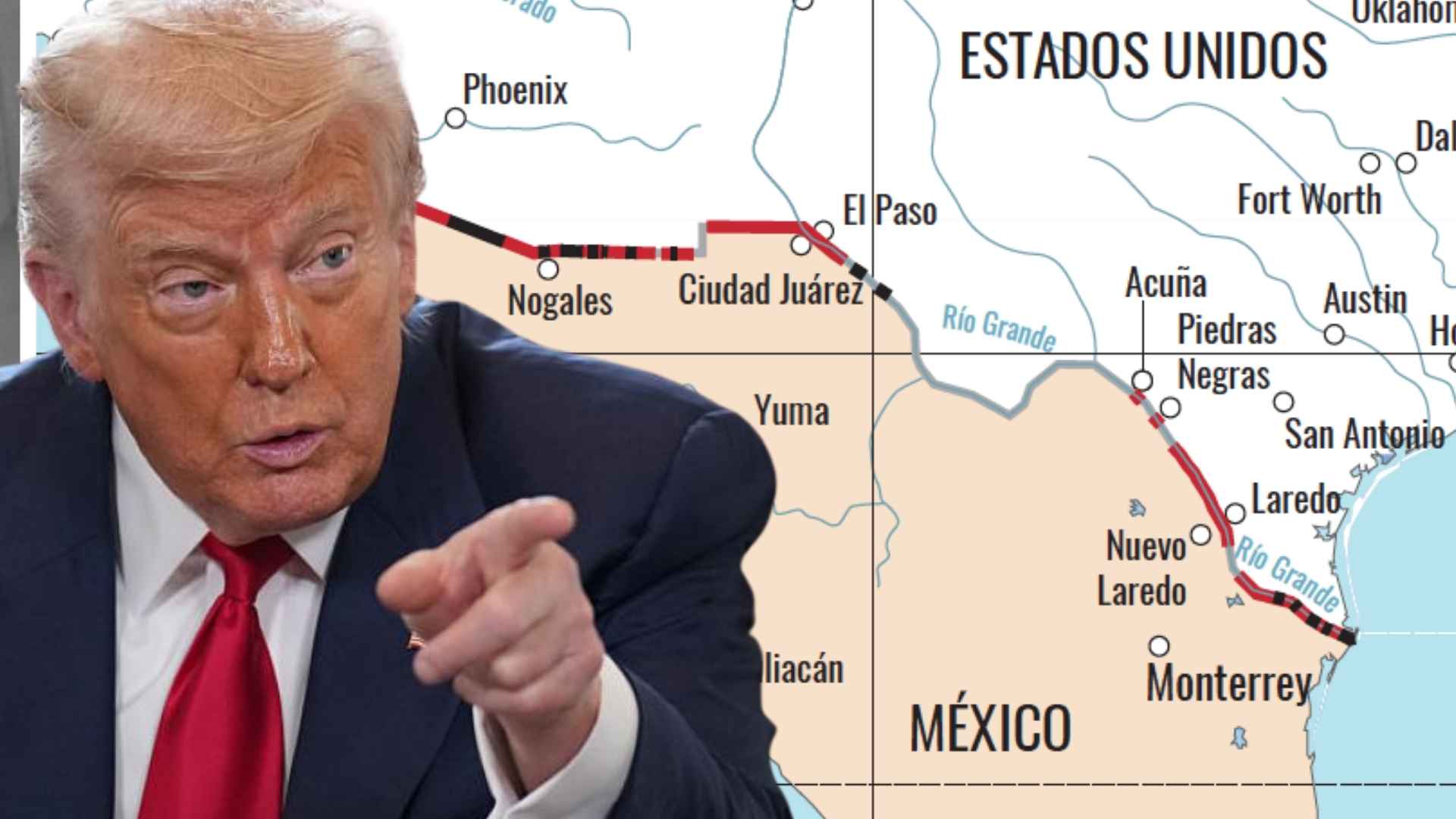 Donald Trump pointing with US-Mexico border map in background illustrating border crossing between Mexico and the United States