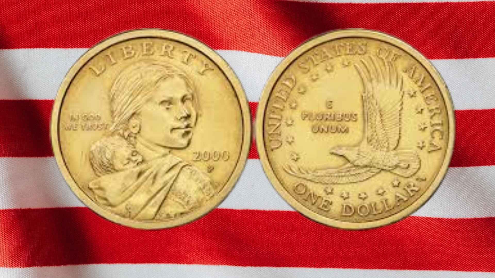 Two sides of the rare golden Sacagawea dollar coin minted in 2000 displayed against an American flag