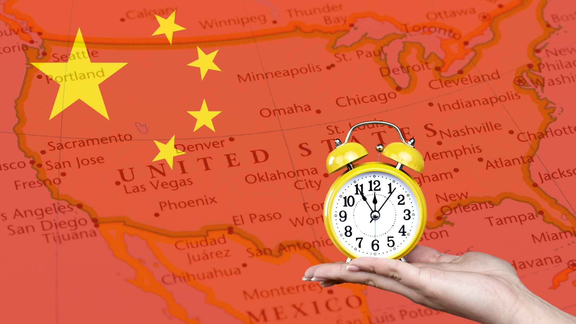Illustration of a yellow alarm clock held by a hand over a U.S. map with Chinese flag overlay, symbolizing the 9-9-6 work schedule.