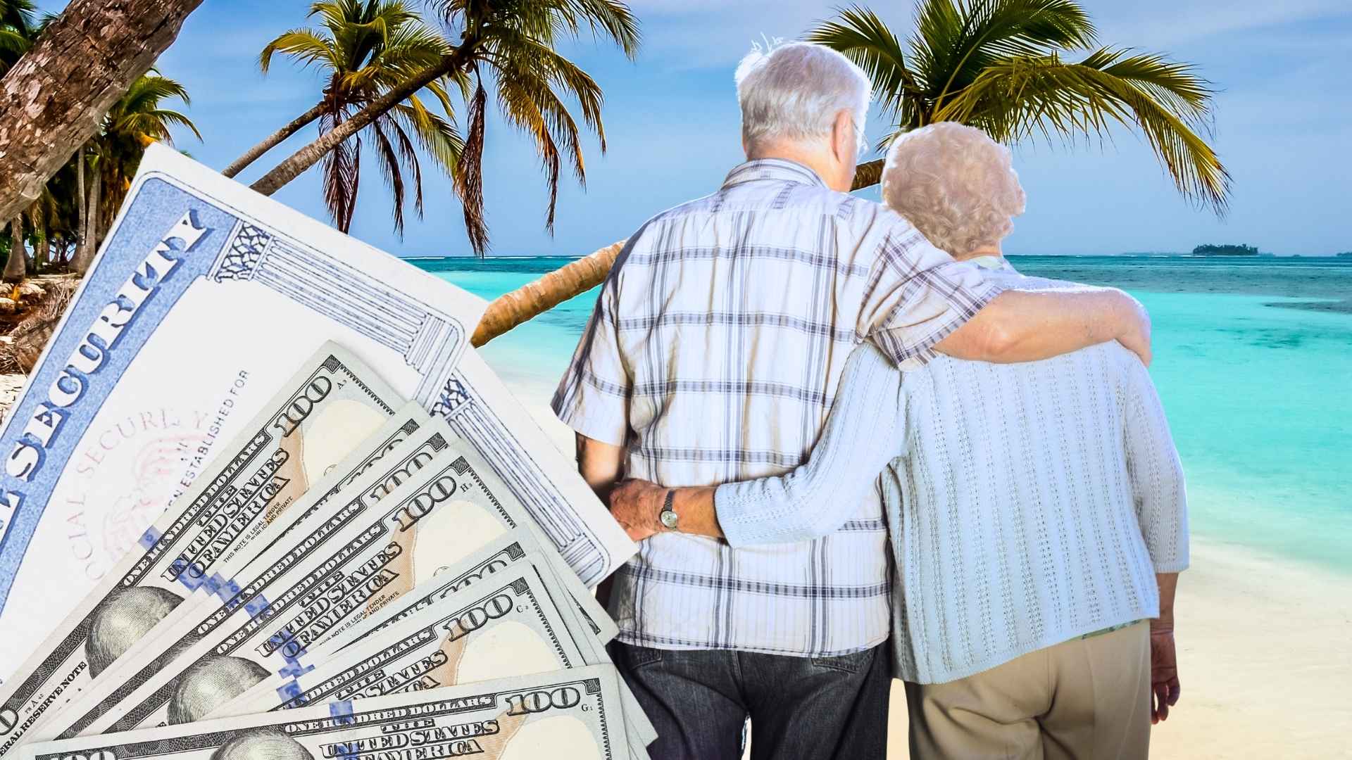 Retired couple arm-in-arm walking on a tropical beach with a fanned Social Security check and US dollar bills in the foreground