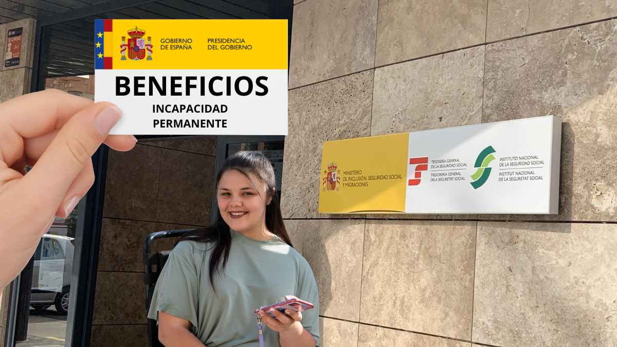 Tarjeta de incapacidad permanente de la Seguridad Social con beneficios para solicitantes frente a oficina del INSS en España.