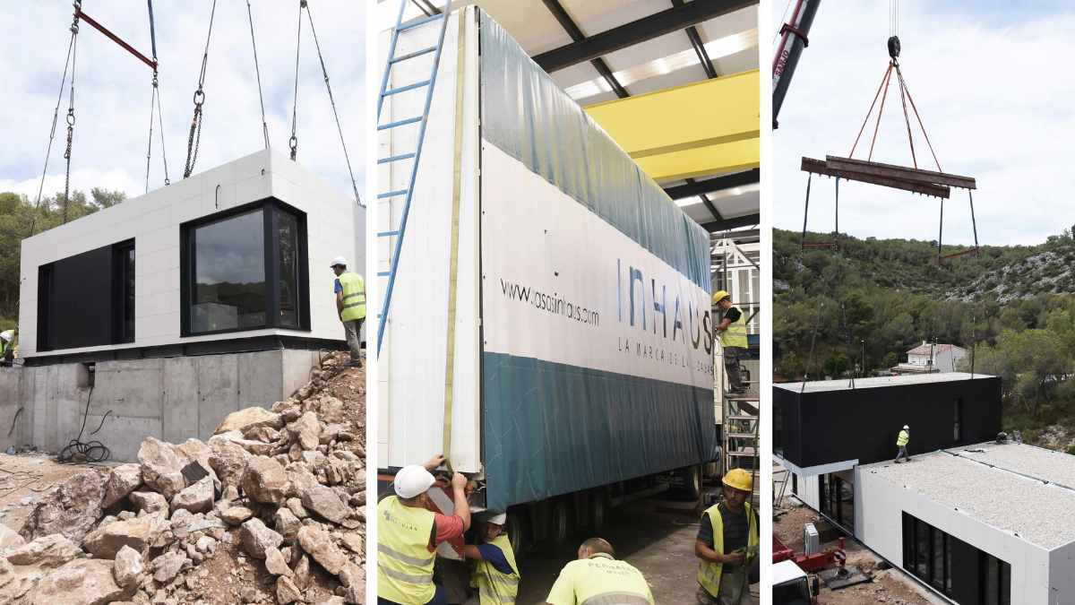 Proceso de construcción de una casa prefabricada modular por InHaus con grúas y operarios en el sitio de instalación.