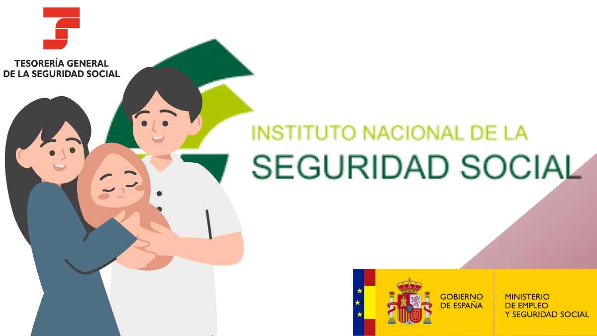 Familia con hijo menor de 26 años ante el logotipo del Instituto Nacional de la Seguridad Social que anuncia el trámite de alta conjunta